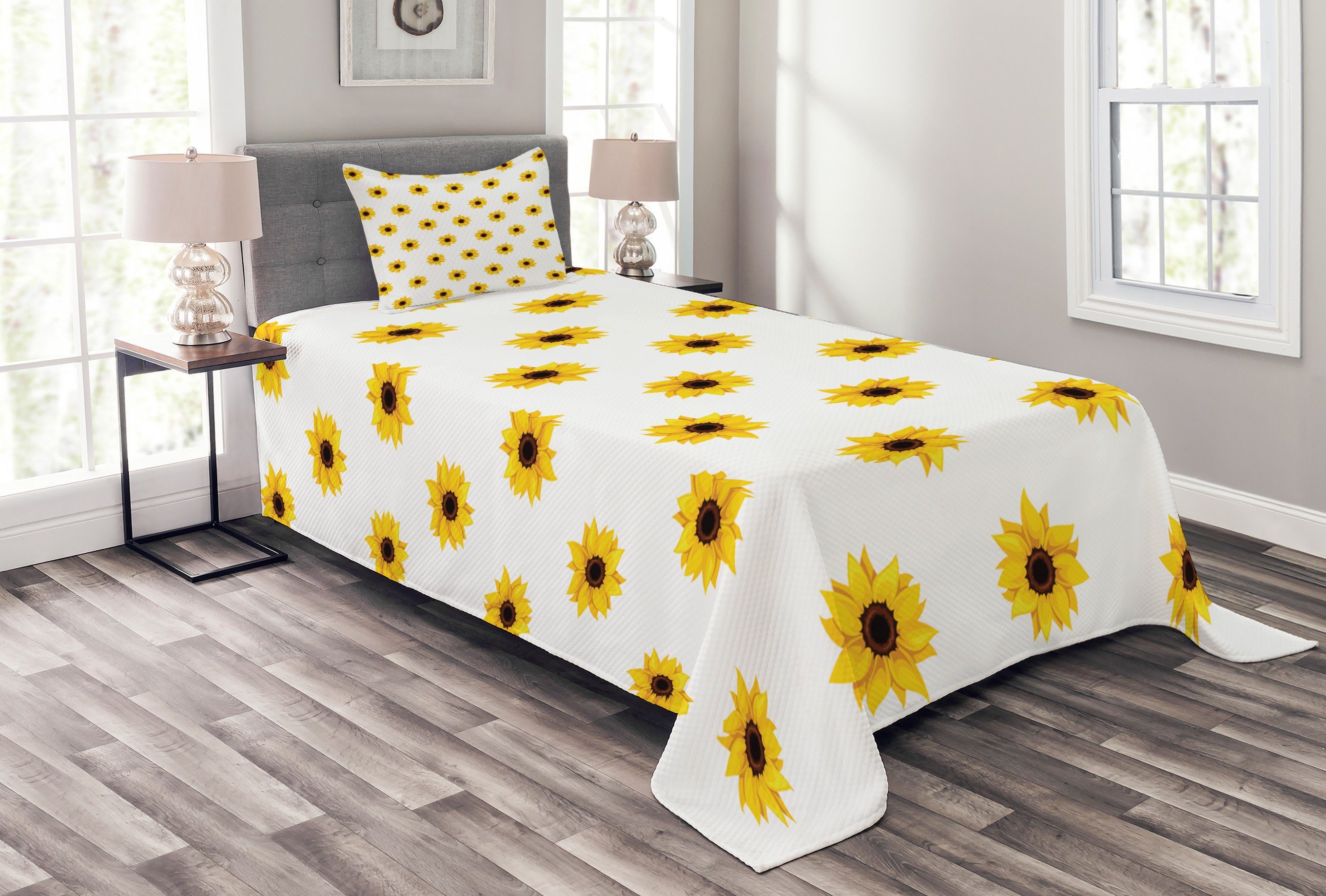 Tagesdecke Set mit Kissenbezügen Waschbar, Abakuhaus, Gelb Sunflower Muster Natur