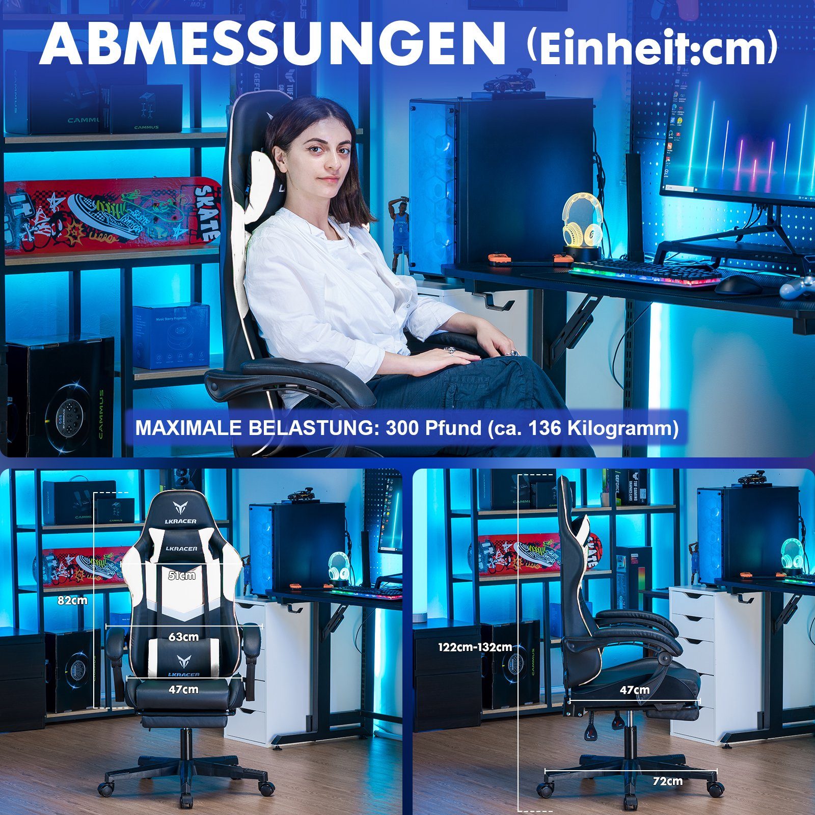 LUCKRACER Gaming-Stuhl Gaming Chair Bürostuhl Ergonomisch mit Lendenkissen Kopfkissen, Höhenverstellbarer Gamer Stuhl 150kg Belastbar