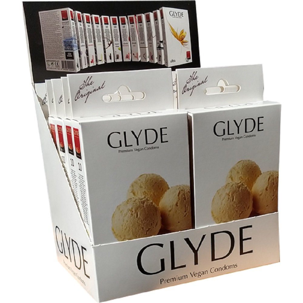 Glyde Kondome Ultra, 10x10 vegane Kondome ohne Casein, gelb gefärbt und mit natürlichem Vanille-Aroma, Spar-Set, 100 St., Sorte: Vanilla, Zertifiziert mit der Veganblume, Gefühlsecht & Reißfest