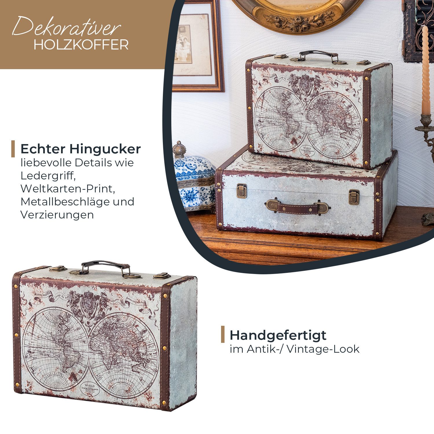 HMF Aufbewahrungsbox Vintage Koffer Holz, Aufbewahrungsbox mit Deckel und Ledergriff als, Geschenkidee für Hochzeit oder Geburtstag, Weltkarte, 44 x 32 x 16 cm – Bild 2 von 5