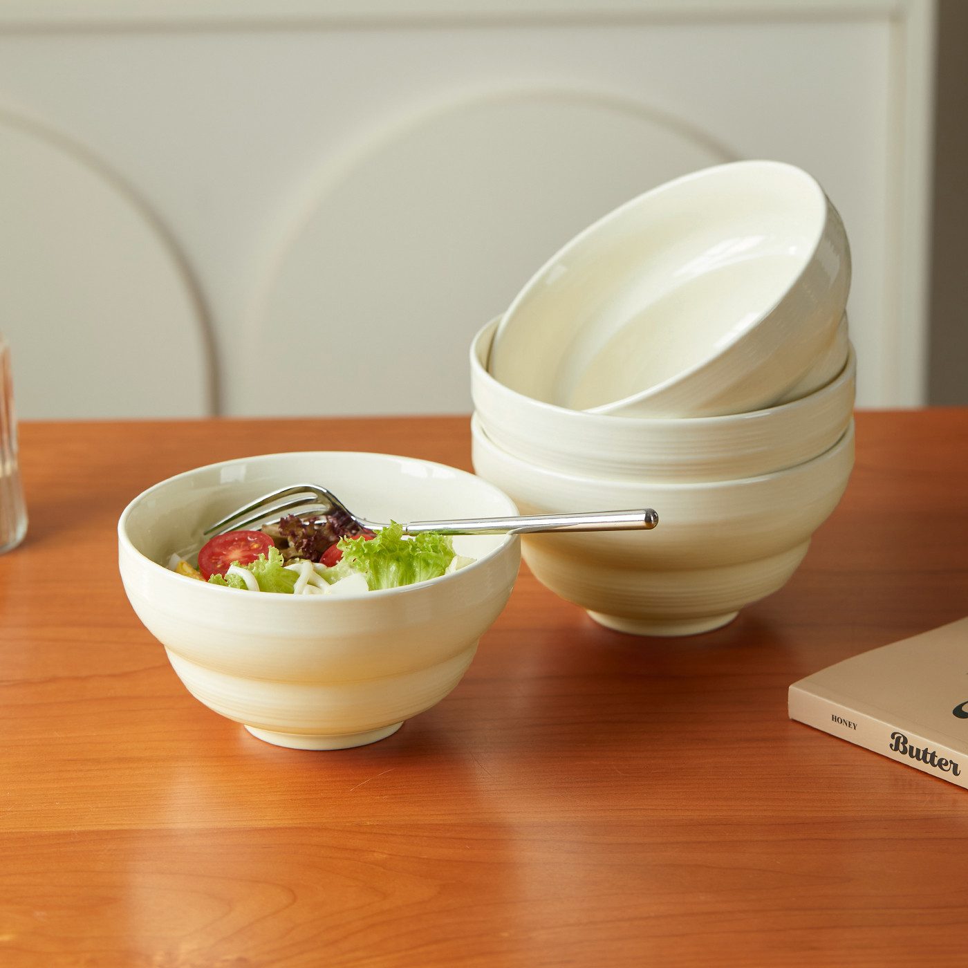 JIWOO Salatschüssel 4er Ø15,3 cm, Müslischüssel Suppenschüssel Dessertschale Obstschale, Keramik, (Schüsselset, 4-tlg), Bowl Hochwertiges Schüsseln Beige Mikrowellen spülmaschinenfest