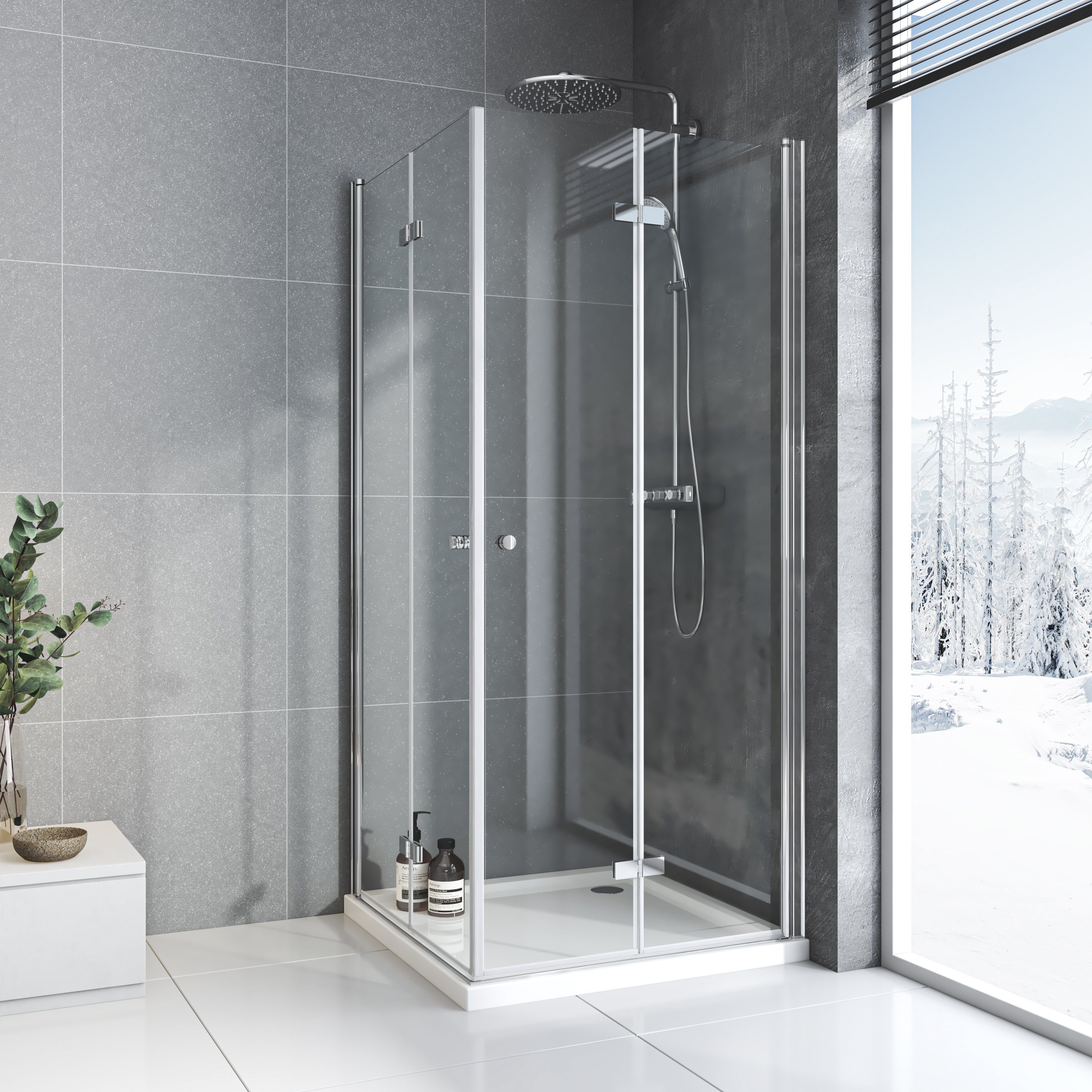 Boromal Eckdusche Duschkabine 100x100 100x80 90x90 90x75 H:185cm Eckeinstieg Drehfalttür, BxT: 90x90 cm, 5mm ESG, Duschwand faltbar für Dusche, mit Alu-Bodenleiste, Rechts-und Links montierbar