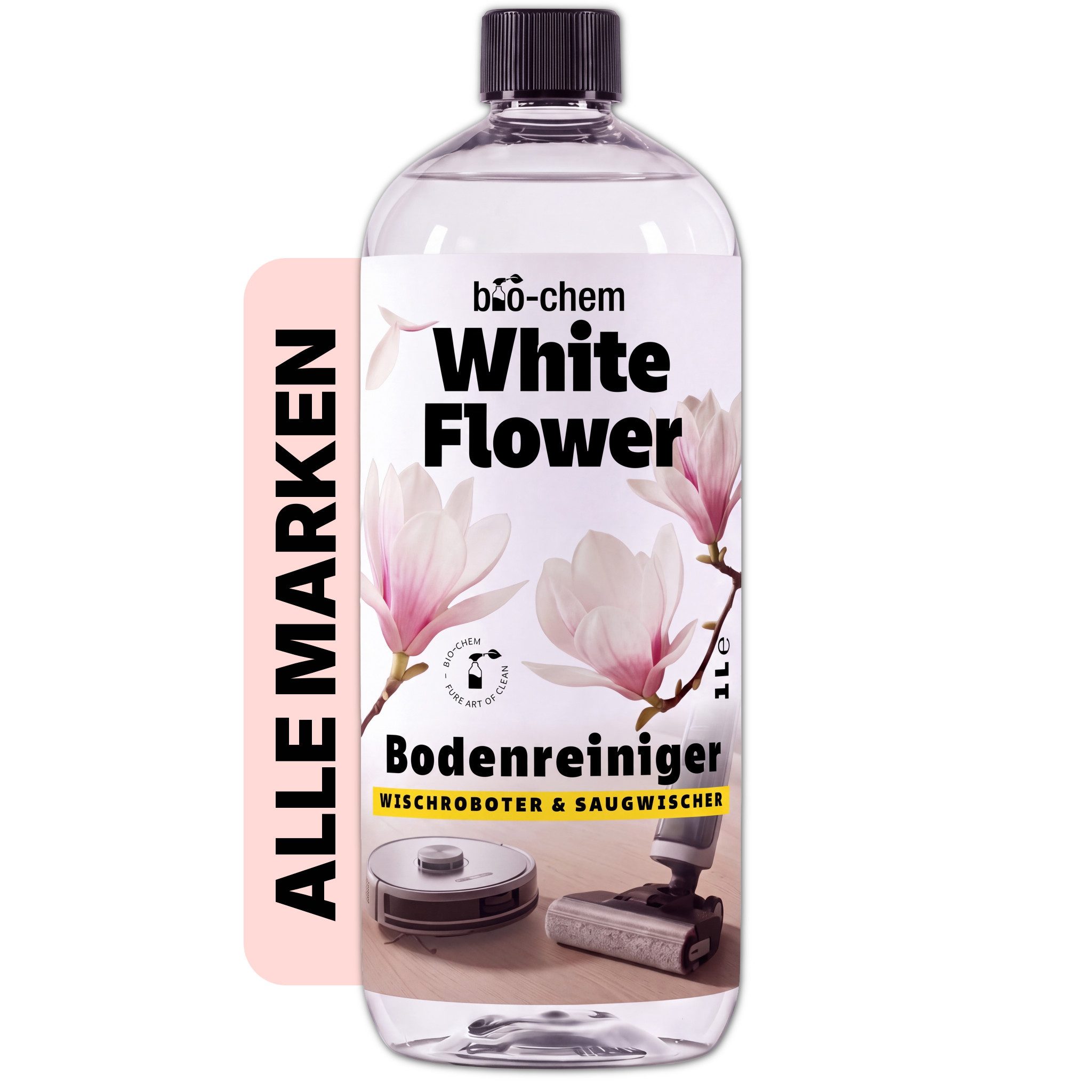 bio-chem Wischroboter Reinigungsmittel Saugwischer schaumarm 1 L White Flower Fussbodenreiniger (1-St. White Flower Bodenreiniger Zusatz 1 L je Flasche Premiumduft White Flower: blumige Eleganz im Vorratspack)