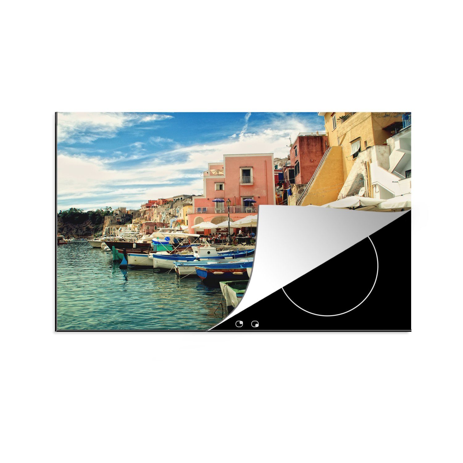 MuchoWow Herdblende-/Abdeckplatte Hafen - Boot - Italien, Vinyl, (1 tlg), 81x52 cm, Induktionskochfeld Schutz für die küche, Ceranfeldabdeckung