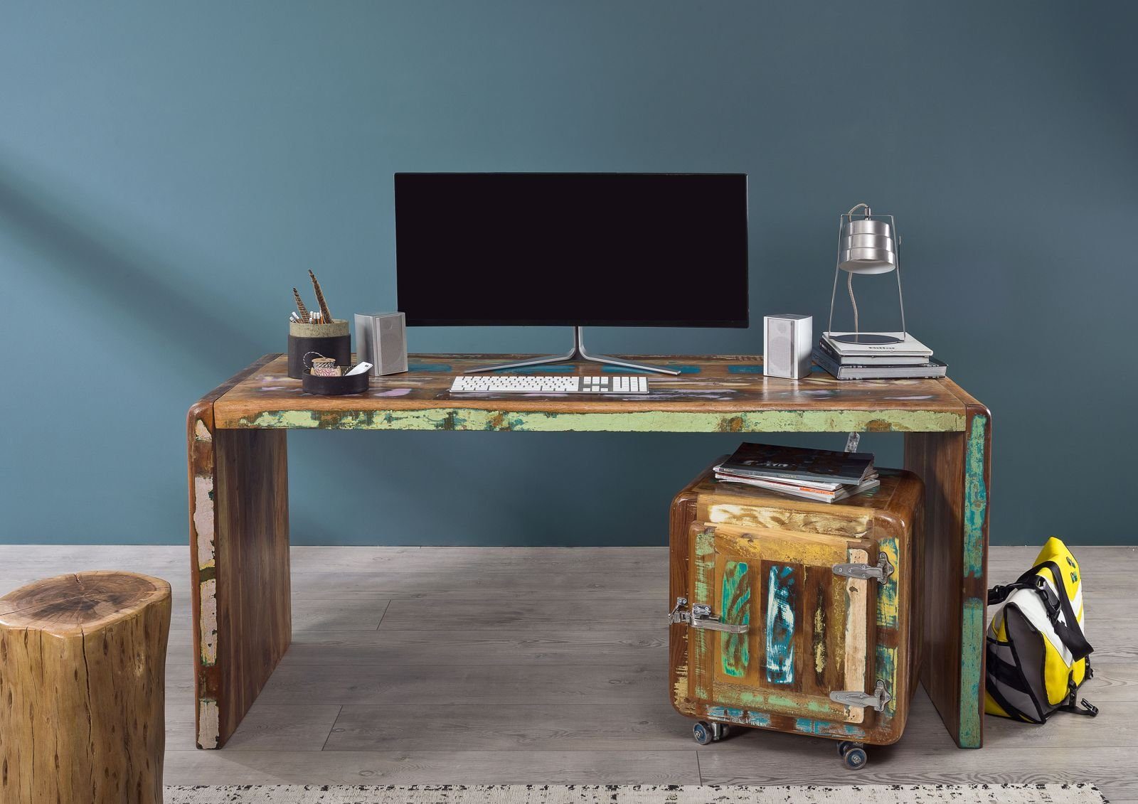 Massivmoebel24 Schreibtisch FREEZY (Massivholz, Massivholztisch), Schreibtisch Altholz 170x65x76 mehrfarbig lackiert FREEZY #40