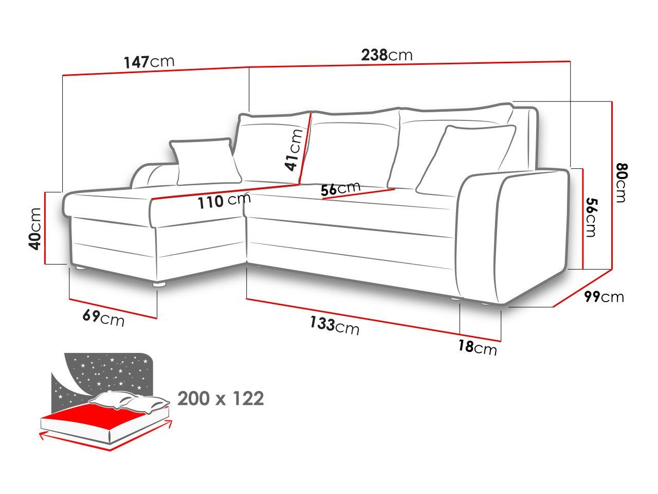 Bettkasten, zwei L-Form 238 und Schlaffunktion Ecksofa Kissen-Set, mit mit MIRJAN24 Lux, L: Kris cm