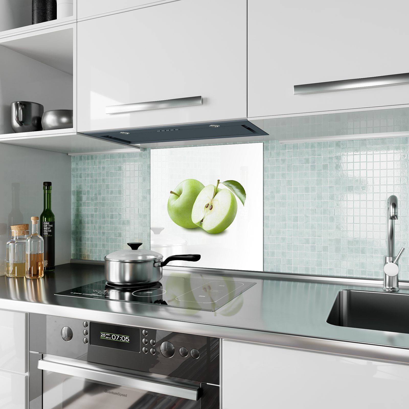 Glas Motiv Küchenrückwand Küchenrückwand ganz mit Primedeco Apfel und Spritzschutz Hälfte
