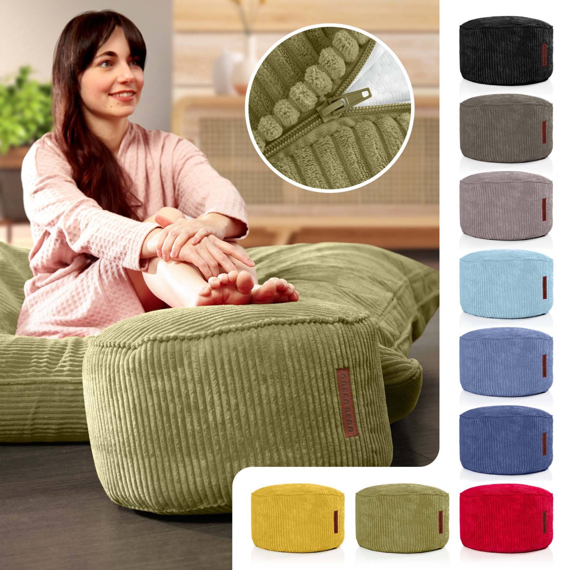 Green Bean Pouf Sitzsack-Hocker Pouf Cord 45x25cm (Indoor Sitzhocker Sitzkissen Fußhocker Relax-Sessel, Made in Germany), die ideale Ergänzung zum Sitzsack – Bild 5 von 5