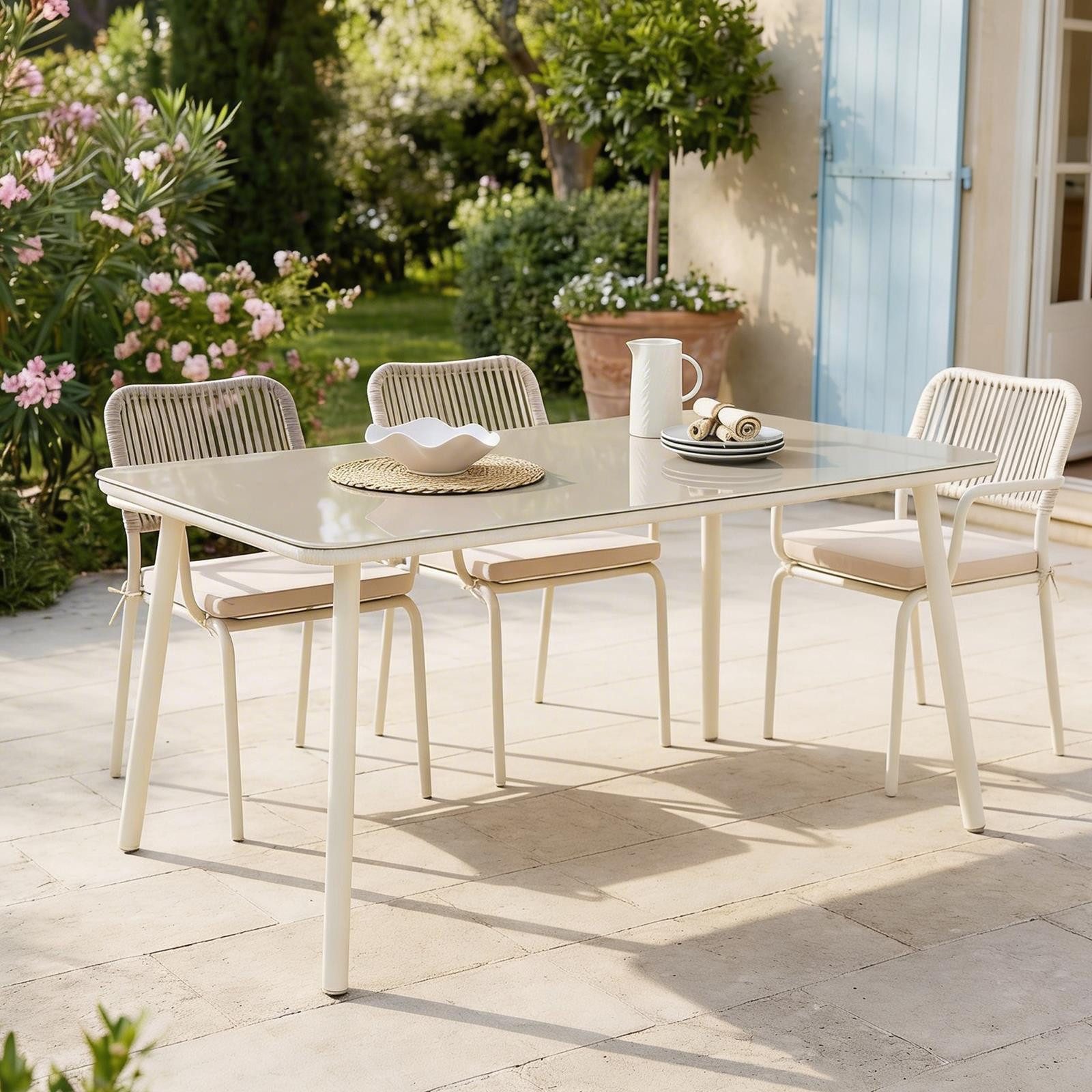 IDIMEX Gartentisch VOLONTE, Terrassentisch wetterfest, 160x90cm mit Glasplatte & Rope beige