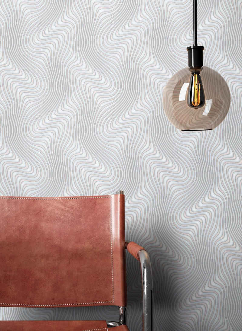 Newroom Vliestapete, Grau Tapete Grafisch Leicht Glänzend - Mustertapete Grafiktapete Silber Geometrisch Modern Illusion Linien für Wohnzimmer Schlafzimmer Küche