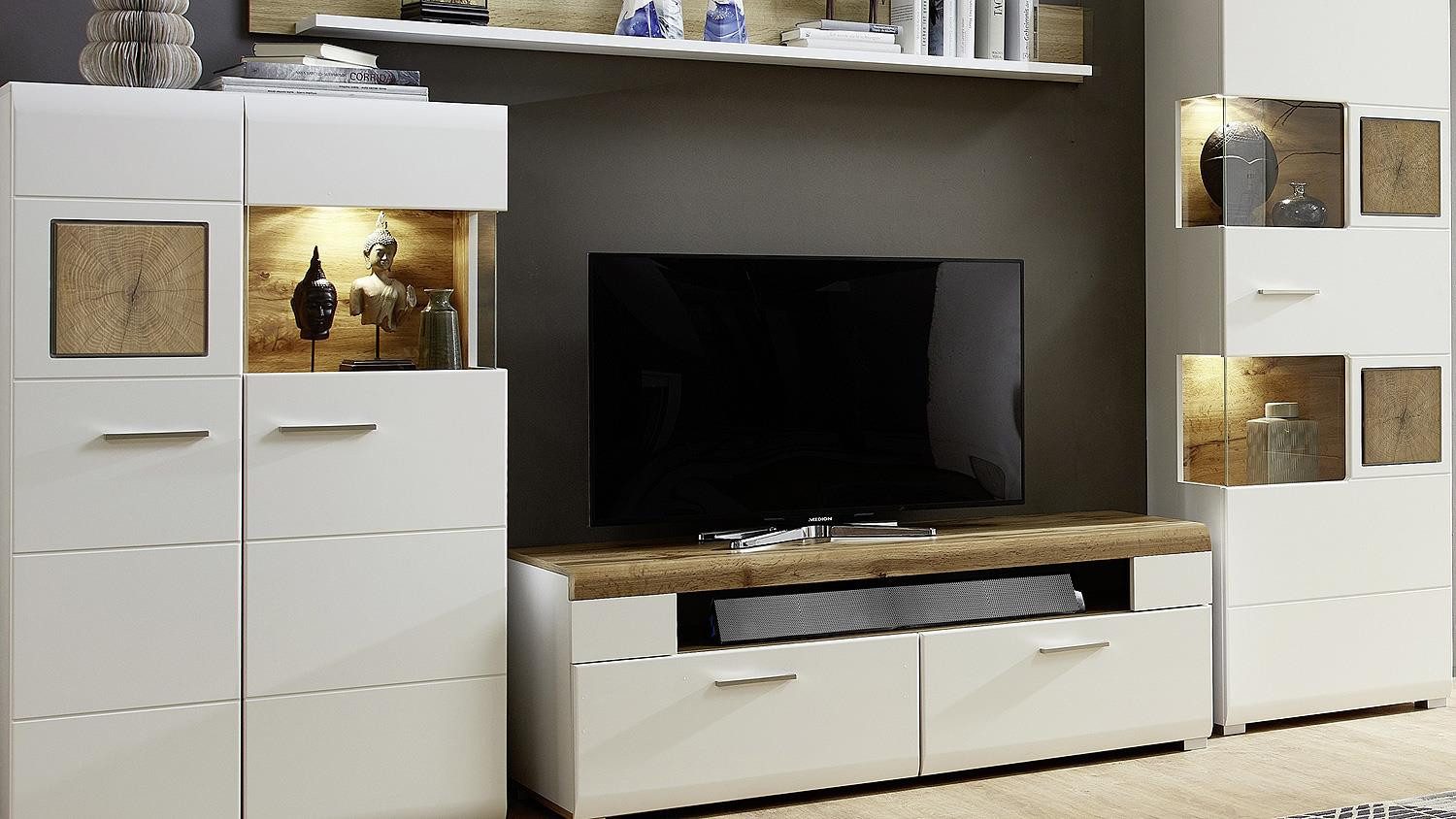 Innostyle Wohnwand Wohnwand 2 Fun Plus Anbauwand weiß matt Eiche Altholz Hirnholz 325 cm, (4-St)