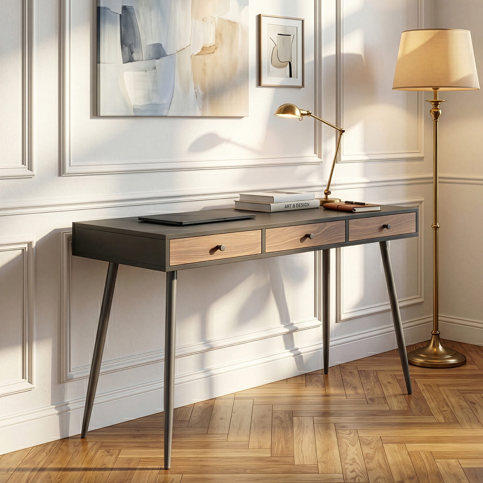 en.casa Schreibtisch, »Tumba« mit 3 Schubladen 115 x 48 x 76 cm Schwarz / Walnussoptik