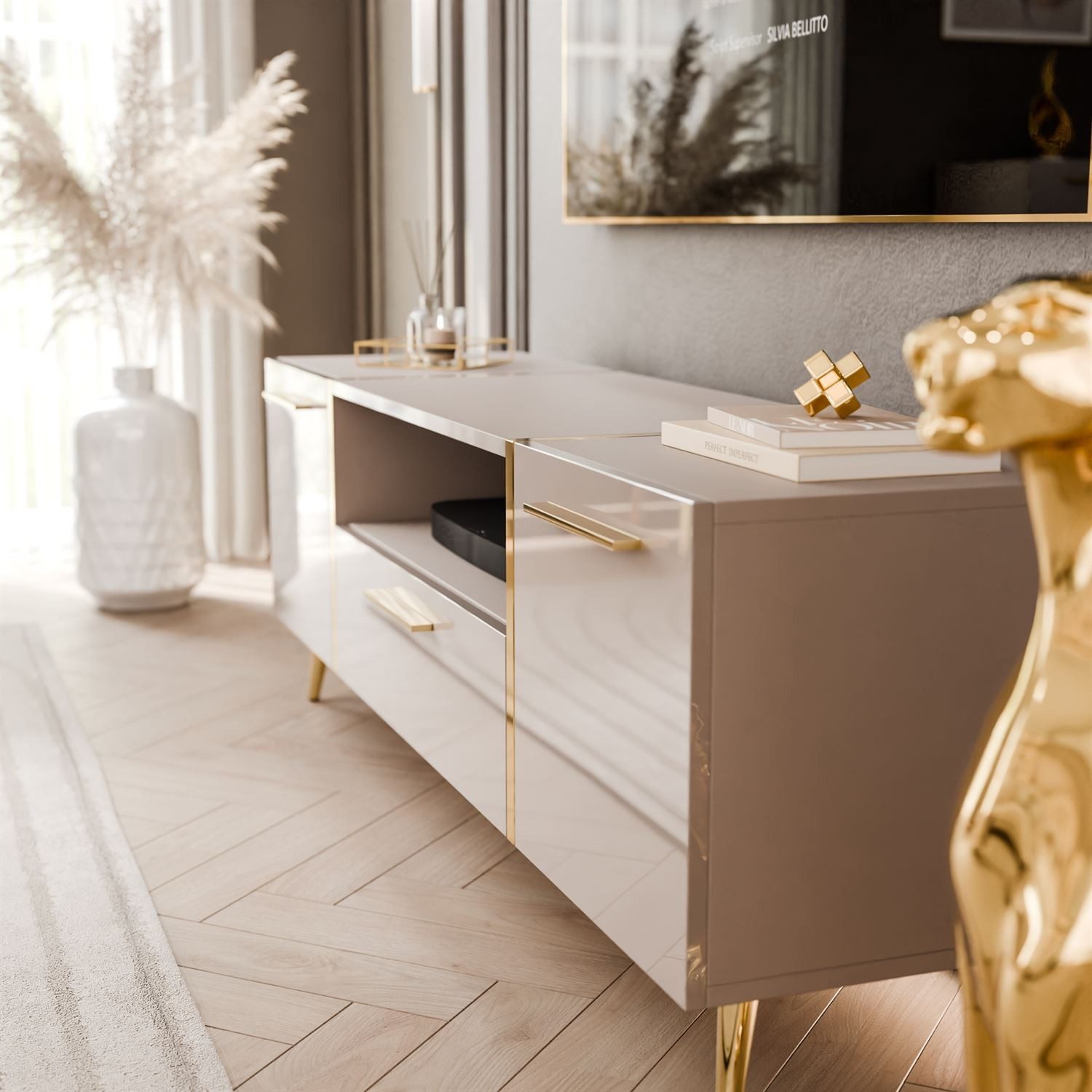 ALLHOUSE24 TV-Schrank DIAMANT Kaschmir Hochglanz GOLD Akzenten Unterschrank günstig online kaufen