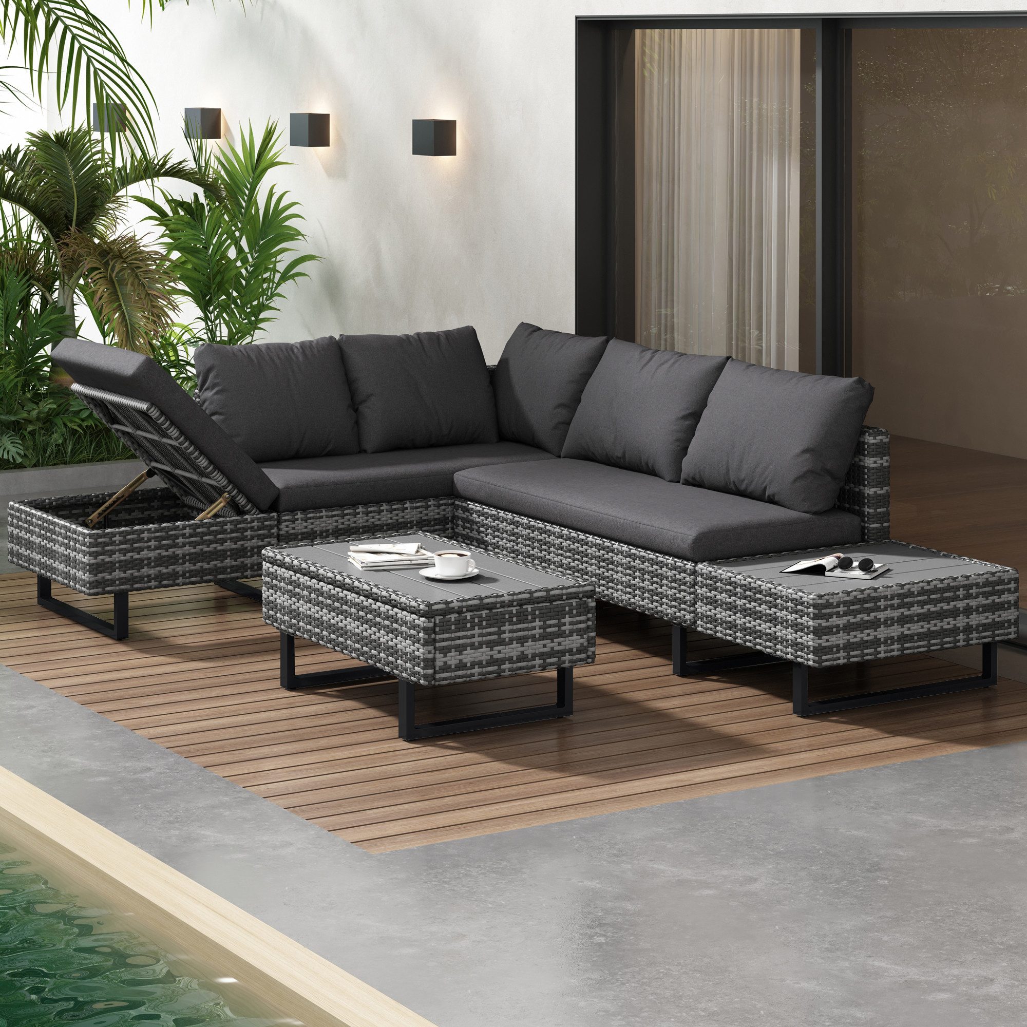 Celya Gartenlounge-Set Gartenlounges für 4 Personen, Gartenmöbel mit Ecksofa und Tisch, (Gartenlounge für 4-5 Personen, Lounge mit Ecksofa, Tisch & Auflagen, abnehmbarer und waschbarer Stoffbezug), Poly-Rattan-Garnitur, Gartengarnitur Sitzgruppe Sofa Lounge