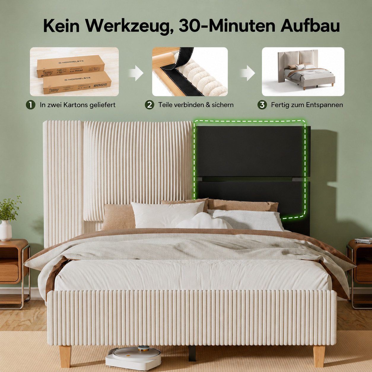 Patbrela Polsterbett mit 130 cm hohem Wingback-Kopfteil, breiten Cordstoff-Kissen, für Matratzen 140x200cm/160x200cm – Bild 2 von 5