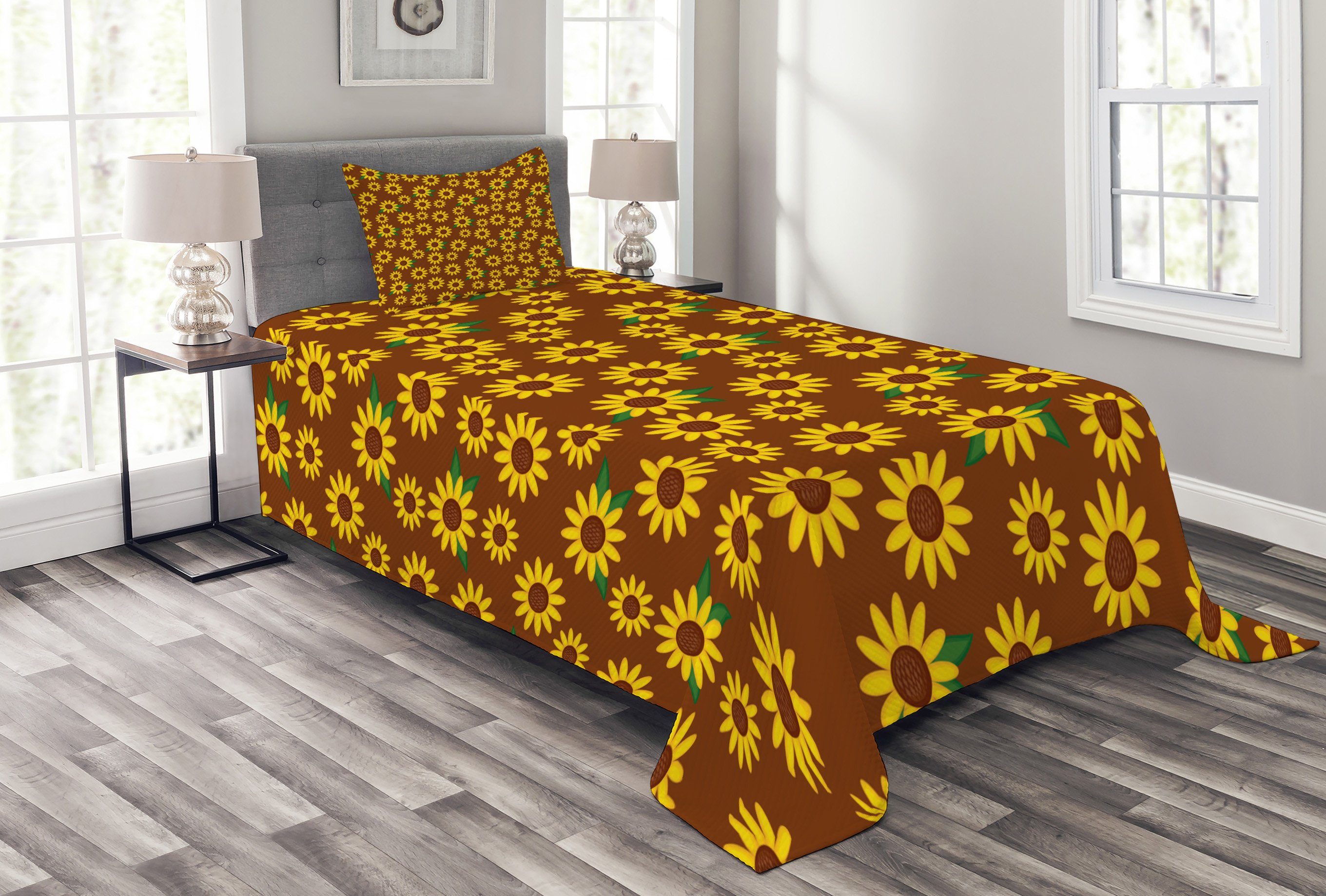 Tagesdecke Set mit Kissenbezügen Waschbar, Abakuhaus, Sonnenblume Cartoon-Blüten
