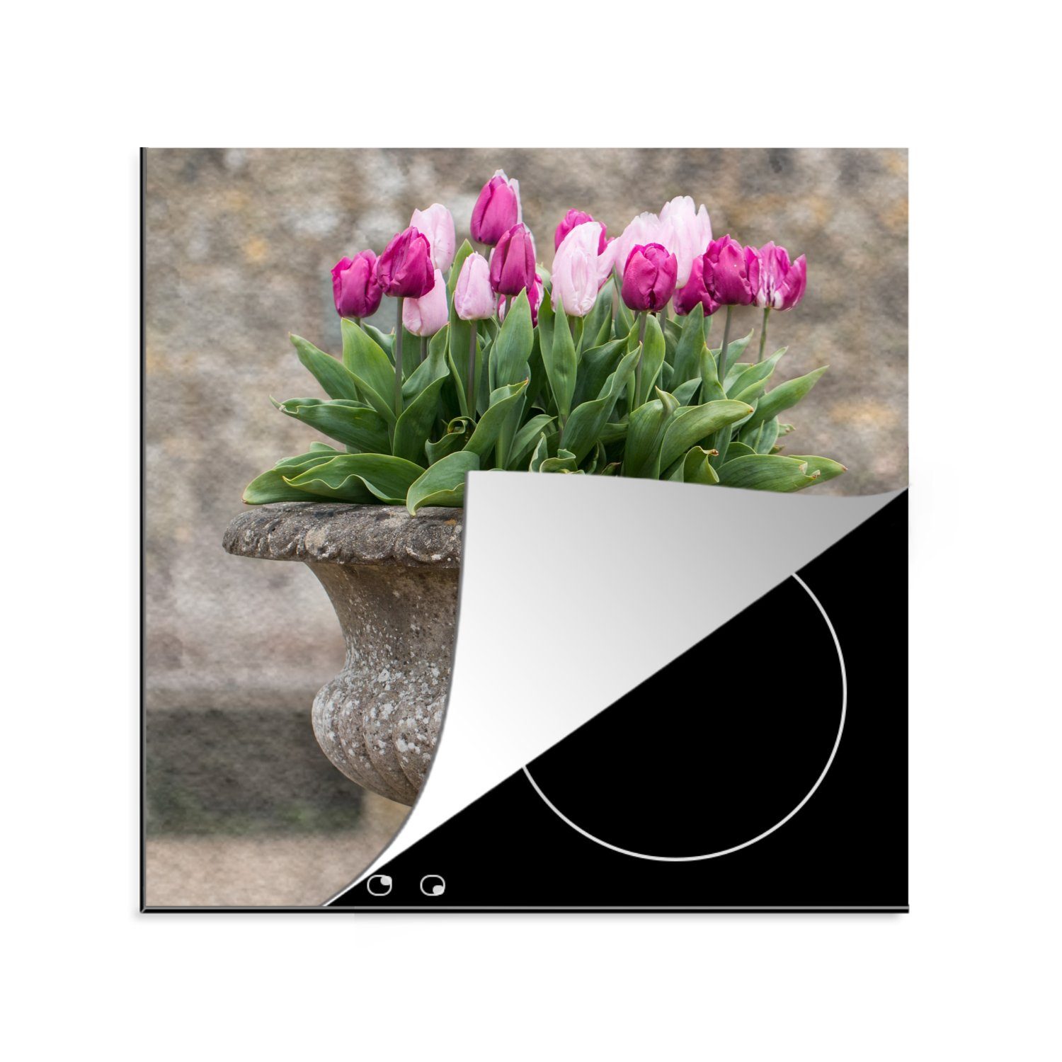 (1 mit Ceranfeldabdeckung, aus Arbeitsplatte Herdblende-/Abdeckplatte Tulpen, Stein tlg), für rosa MuchoWow Vinyl, Ein 78x78 küche Pflanzgefäß cm,