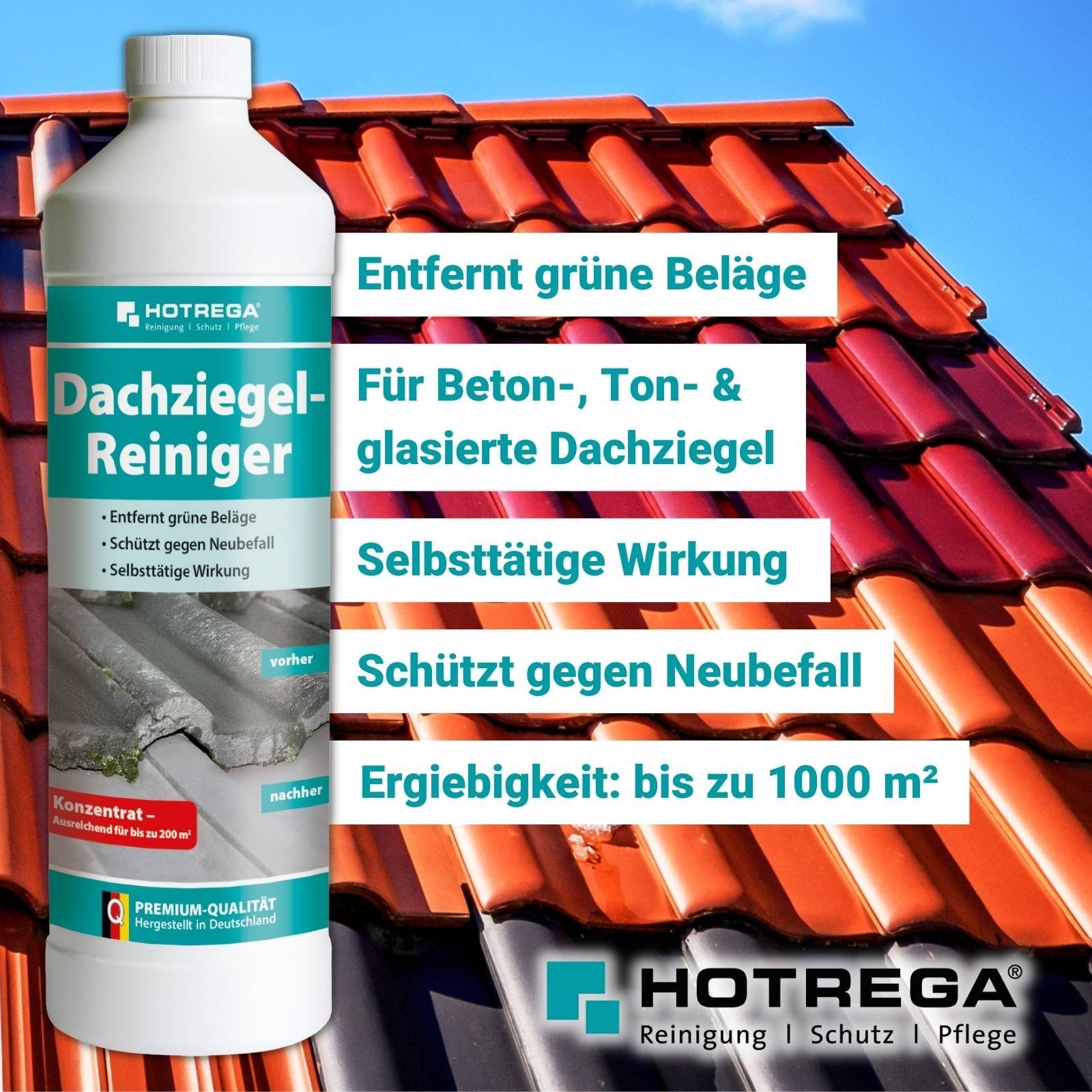Grünbelagentferner 5x1L Reiniger HOTREGA® Reinigungskonzentrat Messbecher Druckspritze + Dachziegel