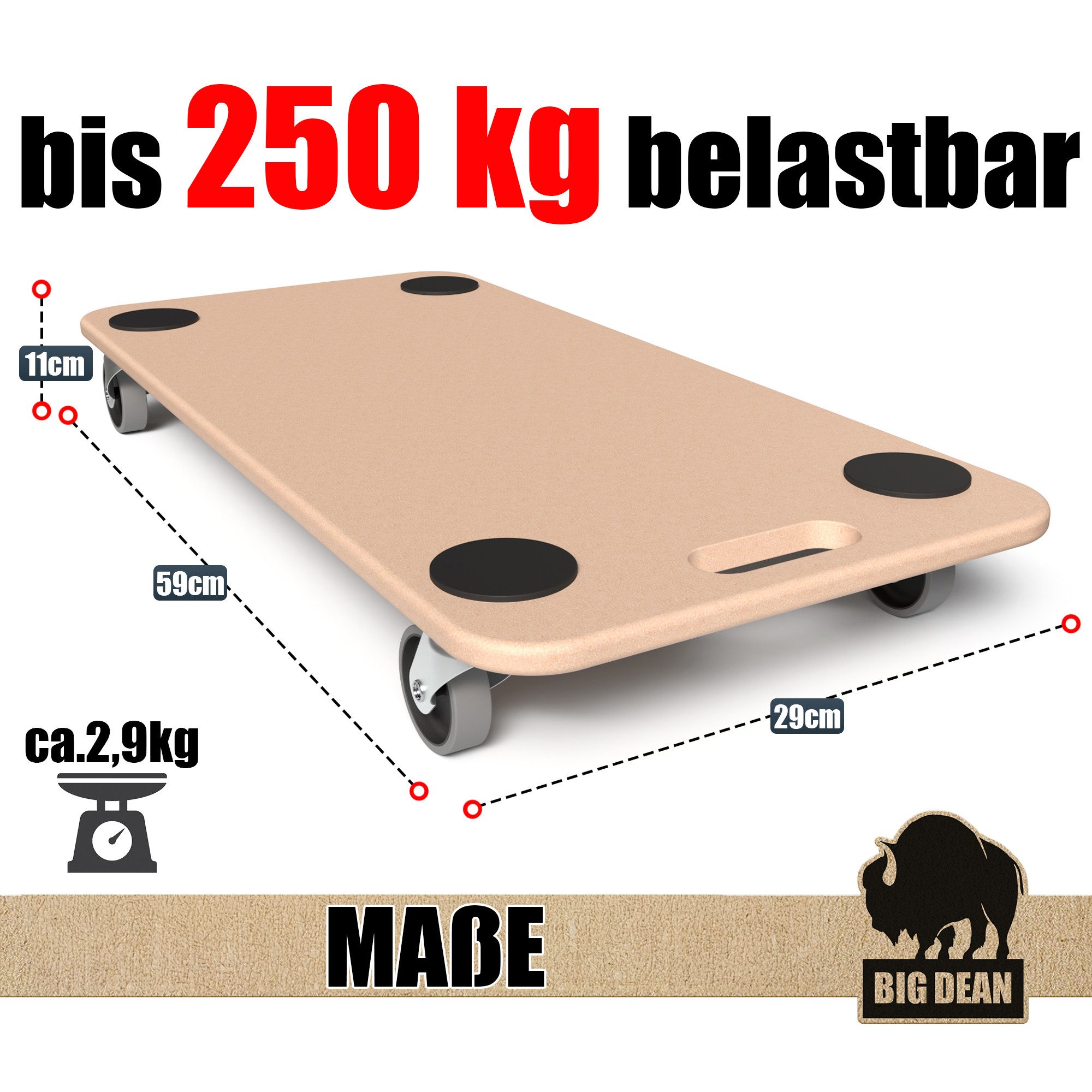 BigDean Schwerlastrolle Materialtransporter 250kg Schwerlast Möbelroller, (Set, 1-St., Möbelroller), Möbelhund, Möbelroller, MDF-Natur, Antirutschpads, Sanfte TPE-Rollen