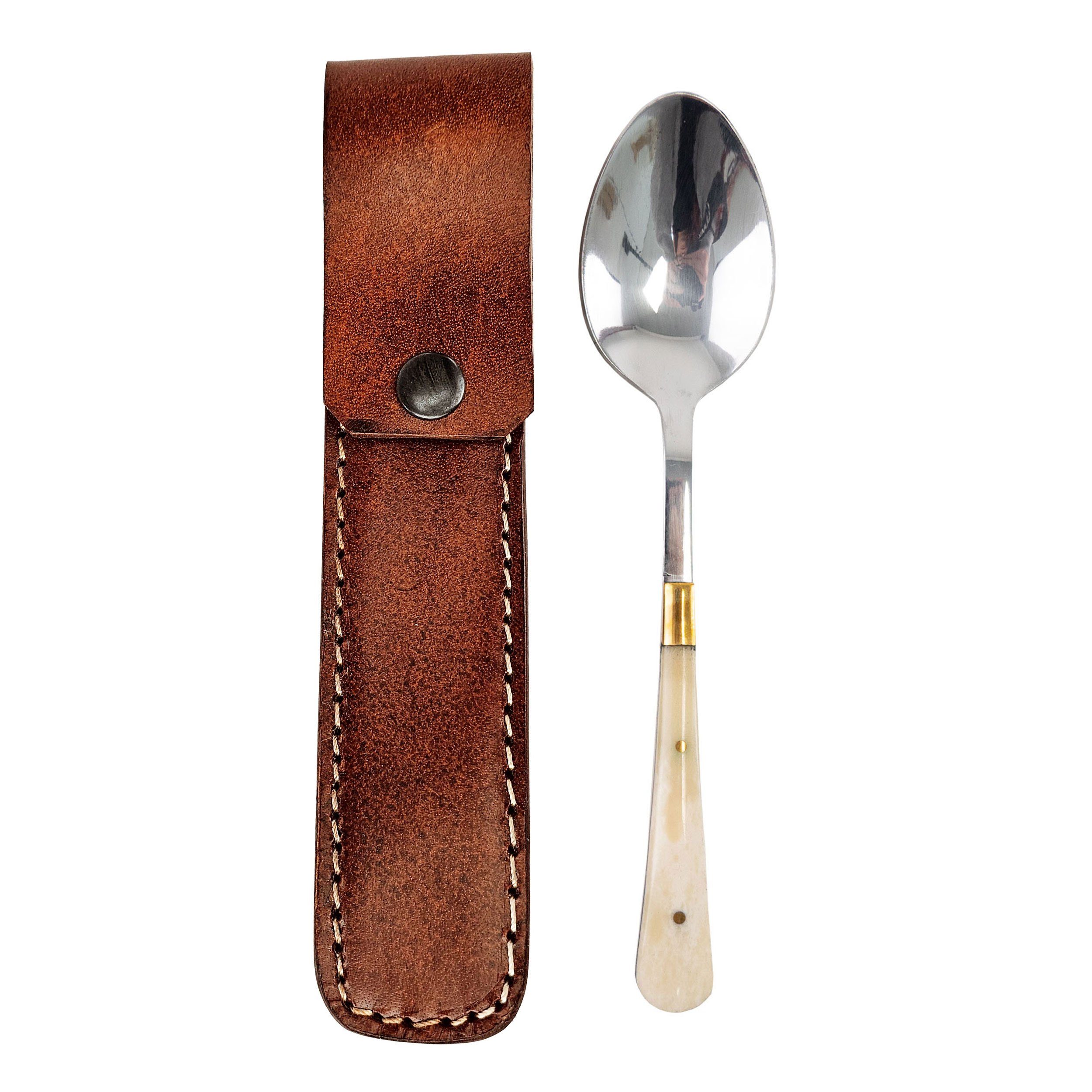 Vehi Mercatus Besteck-Set Spätmittelalterlicher Löffel aus Edelstahl naturweißer Griff, 1 Personen, Leder, Edelstahl, Knochen