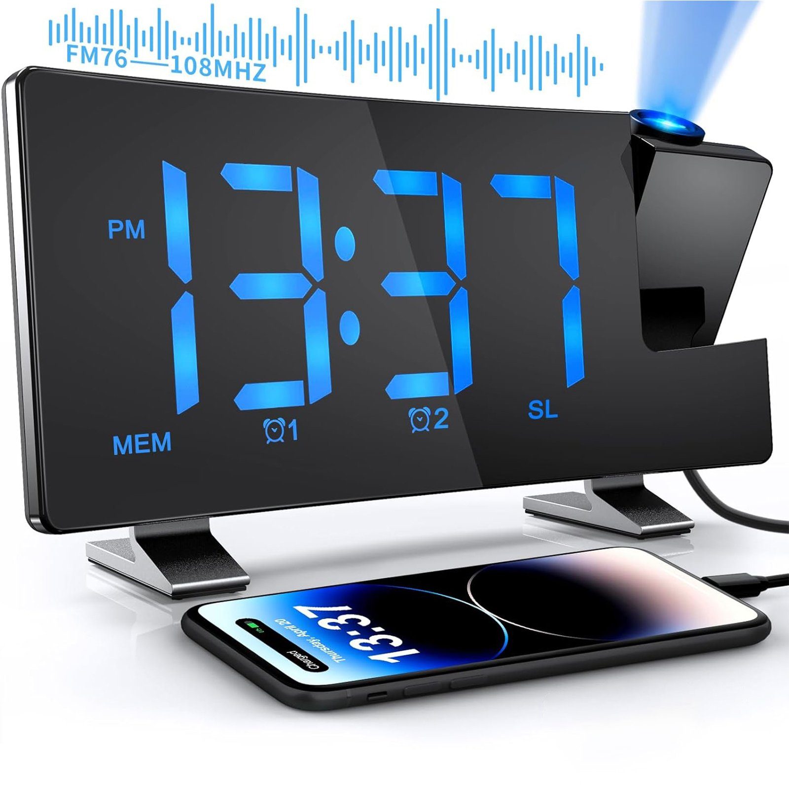 Schwarz Akku 12/24H Digitalwecker LED Radiowecker Projektionswecker Ziffer Radio Wecker Projektion LED-Alarm 180 ° Temperatur USB-Anschluss Farbe Alarm ohne Schale REDOM Blau Digital Projektion