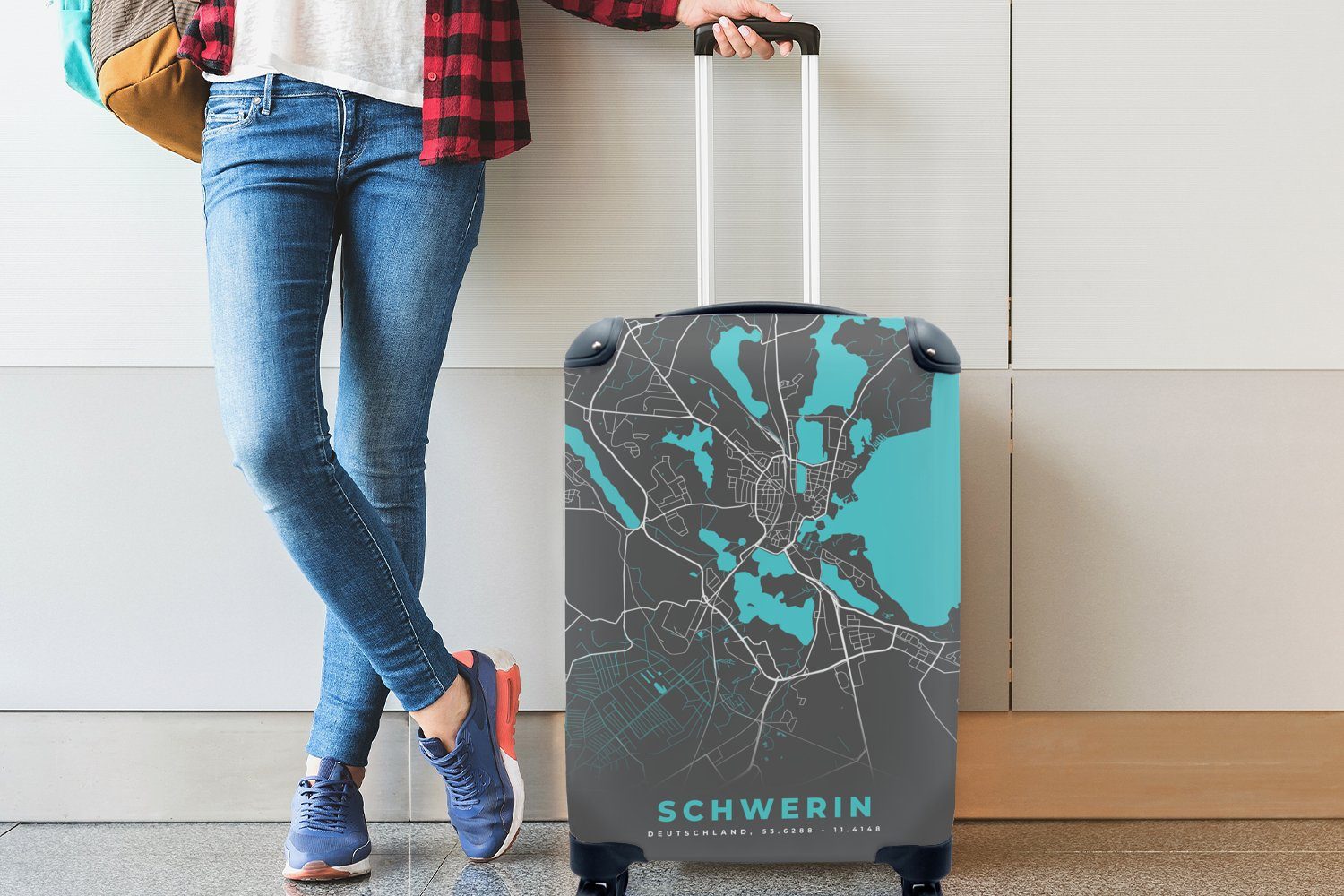 Handgepäck - Ferien, Karte, mit Stadtplan für Schwerin Blau rollen, MuchoWow - Trolley, Rollen, - Reisekoffer - Deutschland Reisetasche 4 Handgepäckkoffer