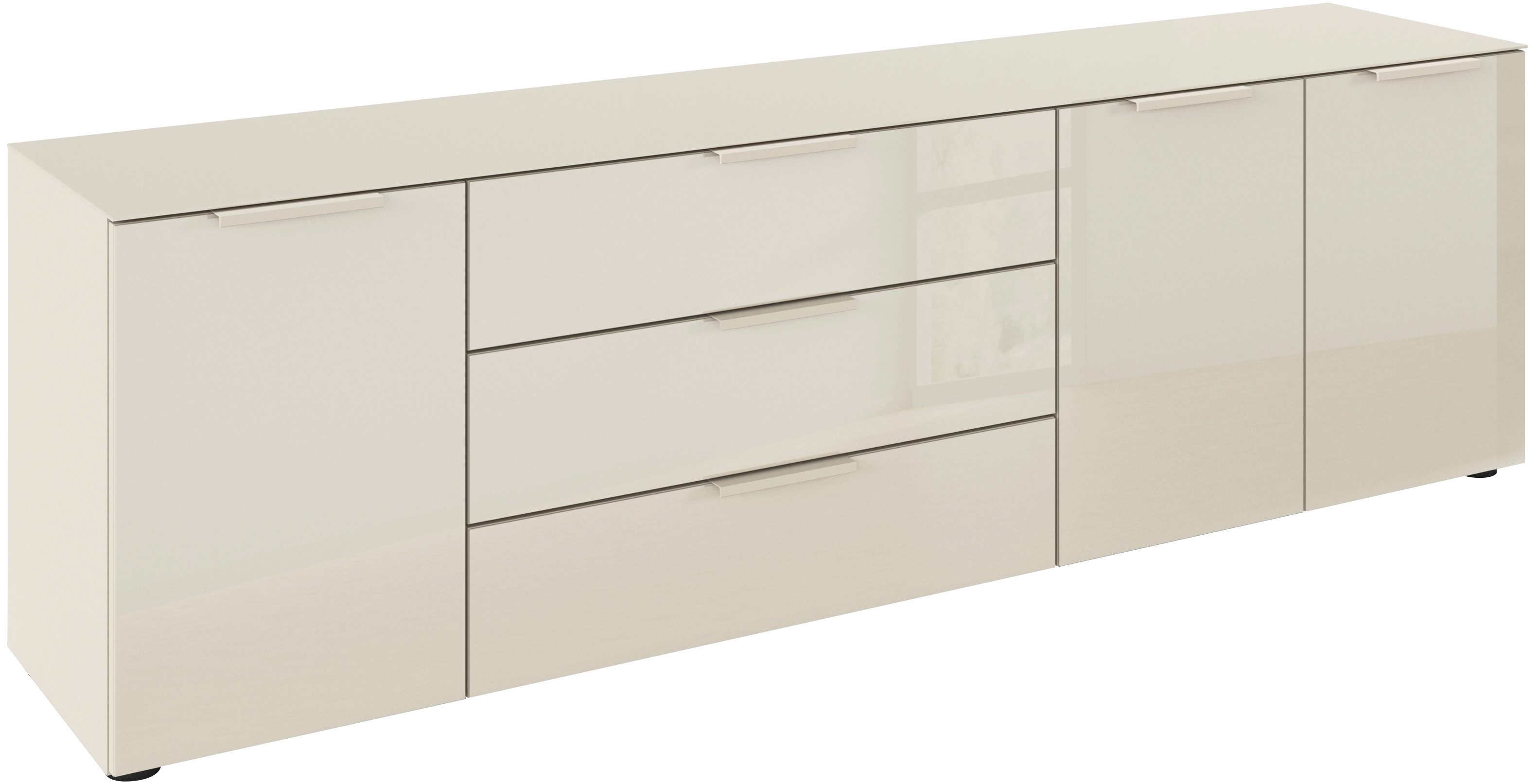 rauch Kombikommode Kommode Türkommode Sideboard Kombikommode FLIPP mit Glasfront (Breite 200 cm mit 2 Einlegeböden), 3-türig, 3 Schubladen, Soft-Close-Funktion, Oberboden und Front Glas