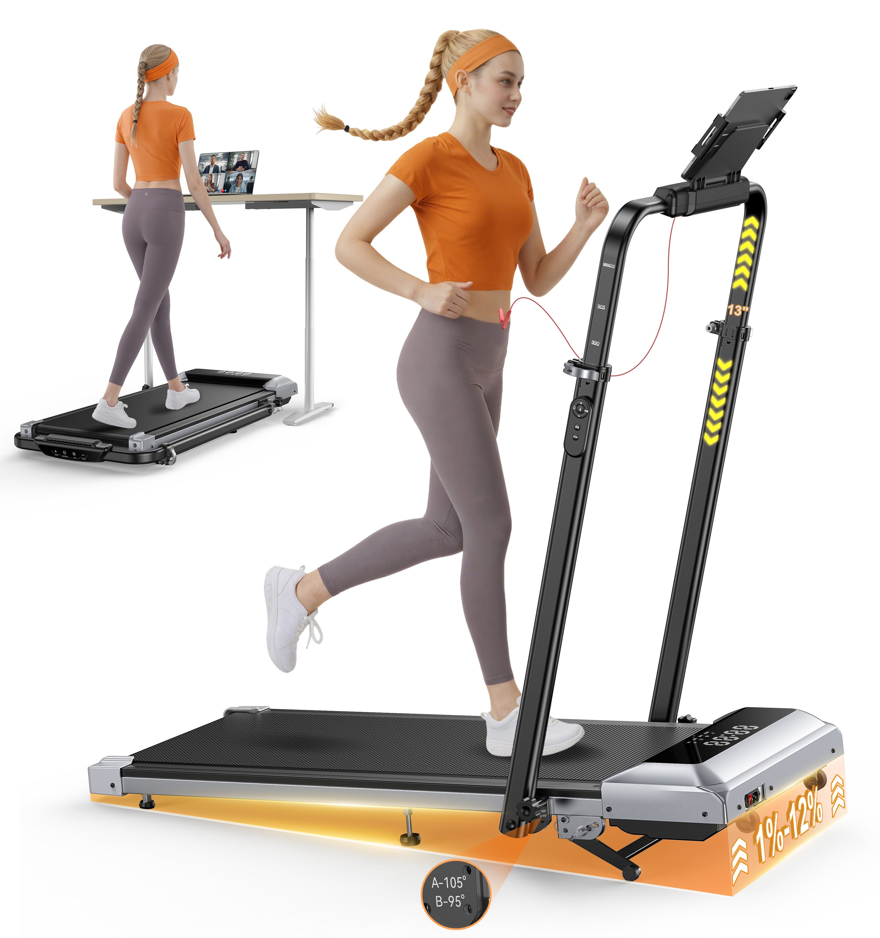 Laresar Laufband 12% Steigung, 6-in-1 zum Gehen und Laufen 0,75-2,5 PS Faltbares, mit höhenverstellbarer Armlehne LED-Display Indoor-Heimtrainer