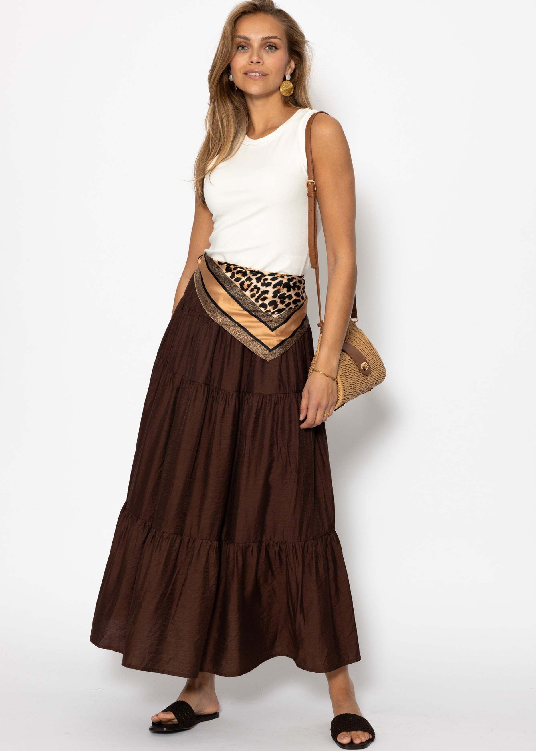 SASSYCLASSY A-Linien-Rock Glänzender Maxi Volantrock für Damen Eleganter Rock mit mehreren Stufen und elastischem Bund Braun Schwarz