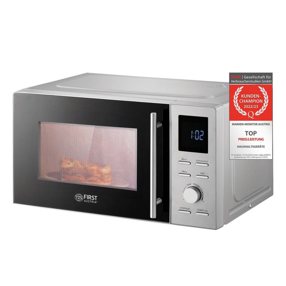 TZS FIRST AUSTRIA Mikrowelle mit Grillfunktion, 20L, Edelstahl,  Schnellstart, 1100W, Mikrowelle mit Grill / Solo Betrieb, 14 l, 8  Automatikprogramme, Kindersicherung, 2in1 Mikrowelle