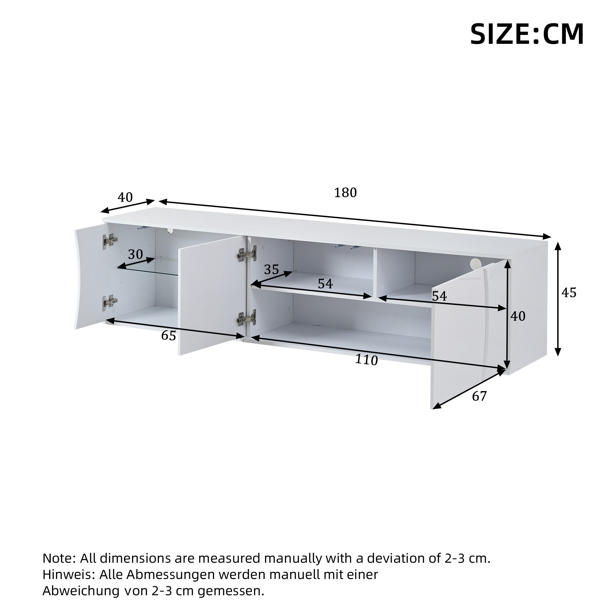KLAM HOME Lowboard Weißer TV-Schrank 180cm mit LED & Glas, passend für 80-Zoll-Fernseher (Modernes Lowboard mit Hochglanz-Oberfläche und praktischem Stauraum), Stilvoller TV-Ständer mit LED-Beleuchtung für Ihr Wohnzimmer