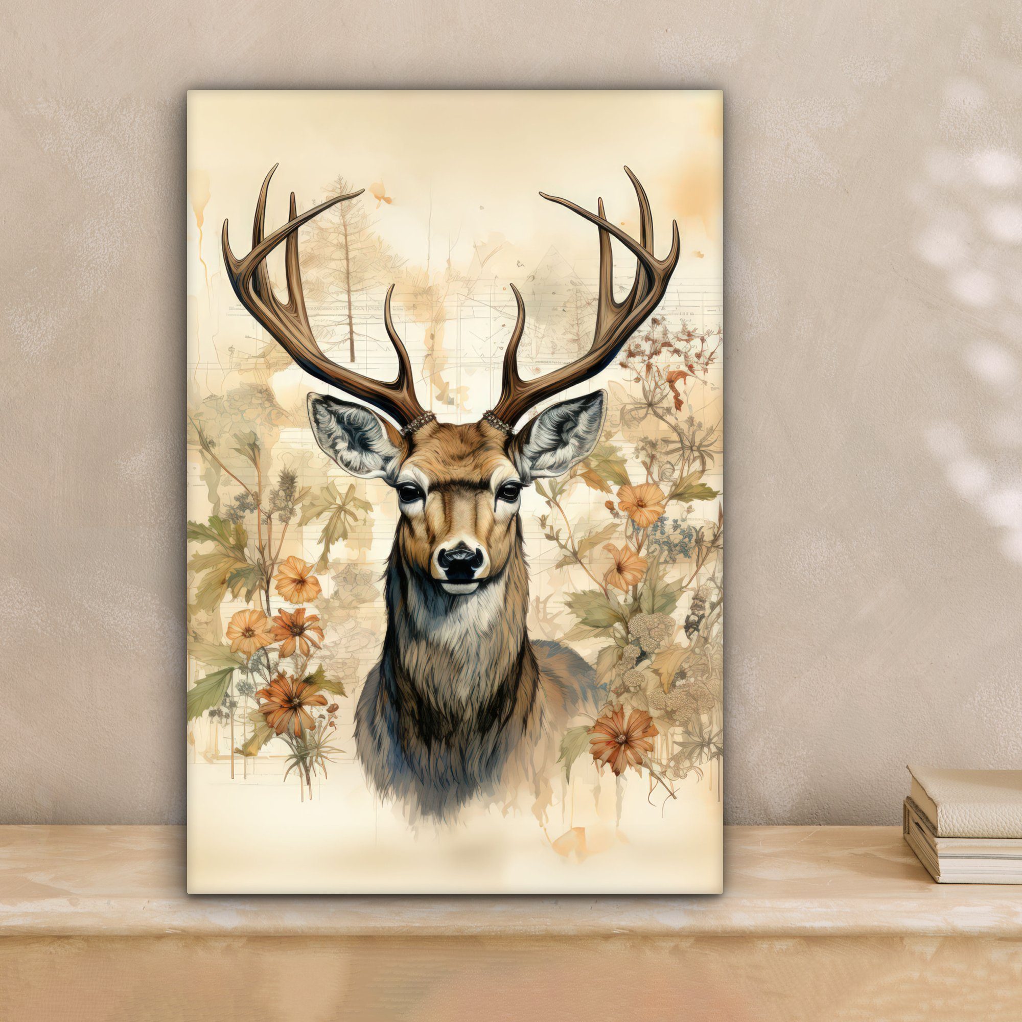 OneMillionCanvasses® Leinwandbild Vintage - Hirsch - Rotwild - Blumen - Bei günstig online kaufen
