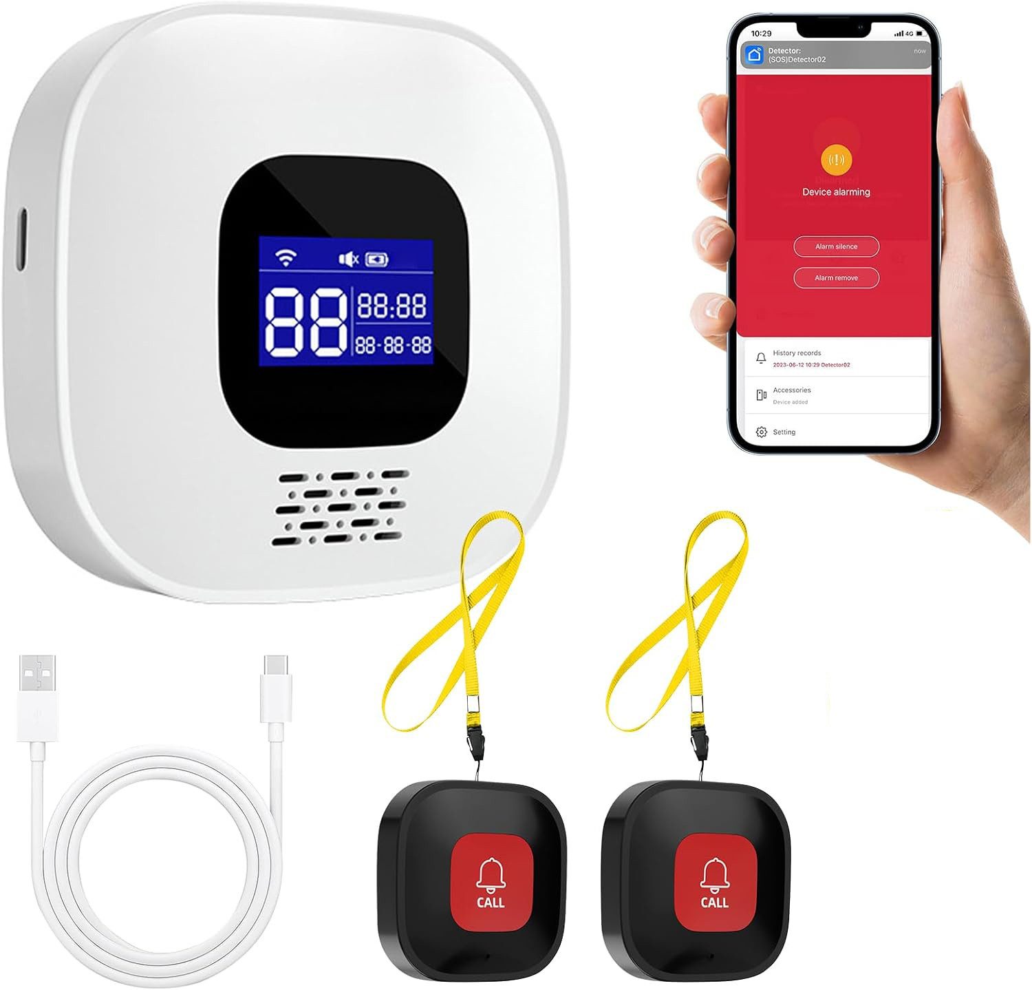 TWUFY Alarm Notruf Knopf Senioren Notrufknopf Hausnotruf Notrufknopf (LCD-Display Alarmanlage, WiFi-Hausnotruf-Senioren-SOS-Armband, Hausnotruf für Angehörige)
