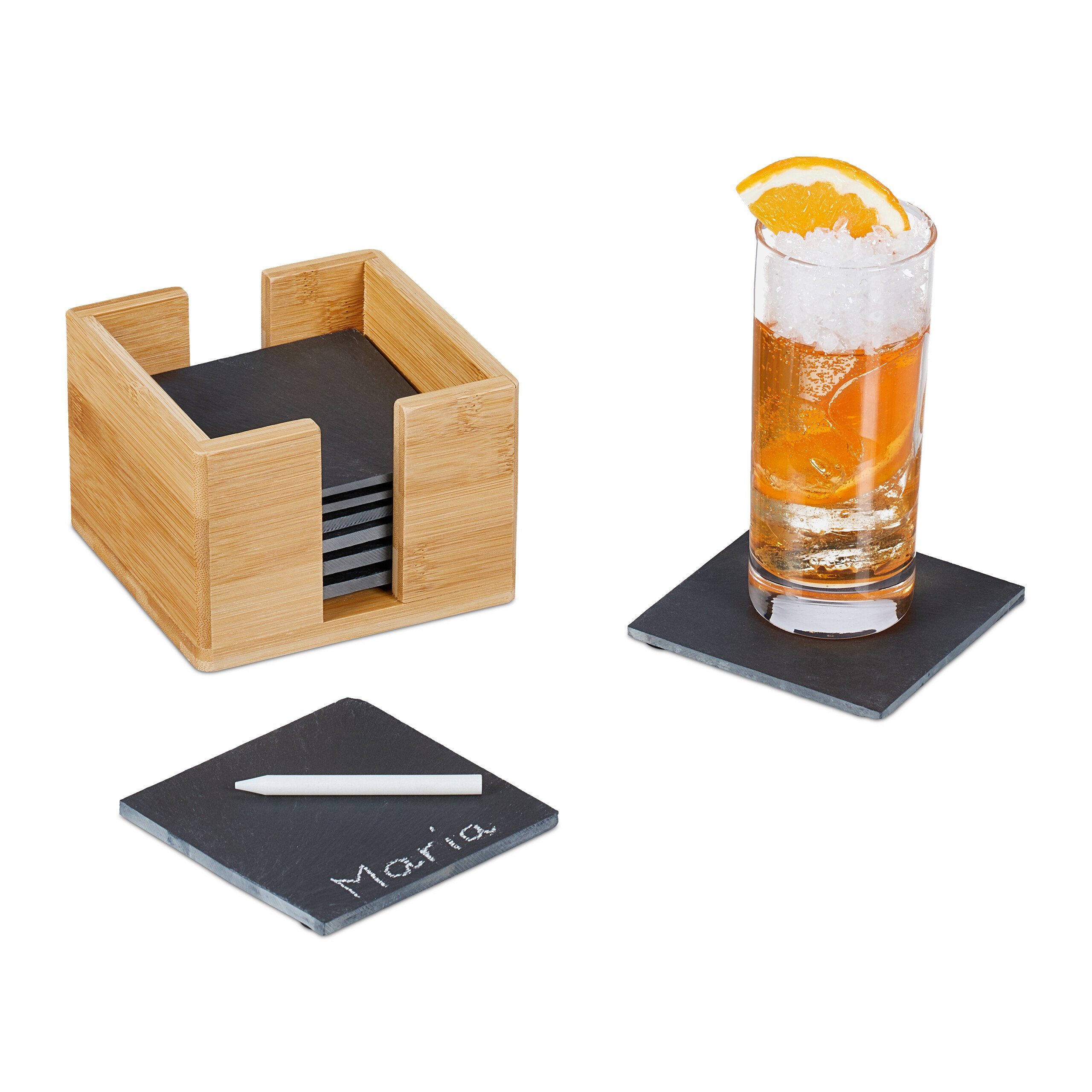 relaxdays Getrnkeuntersetzer Schiefer Untersetzer 8er Set Bambus-Box