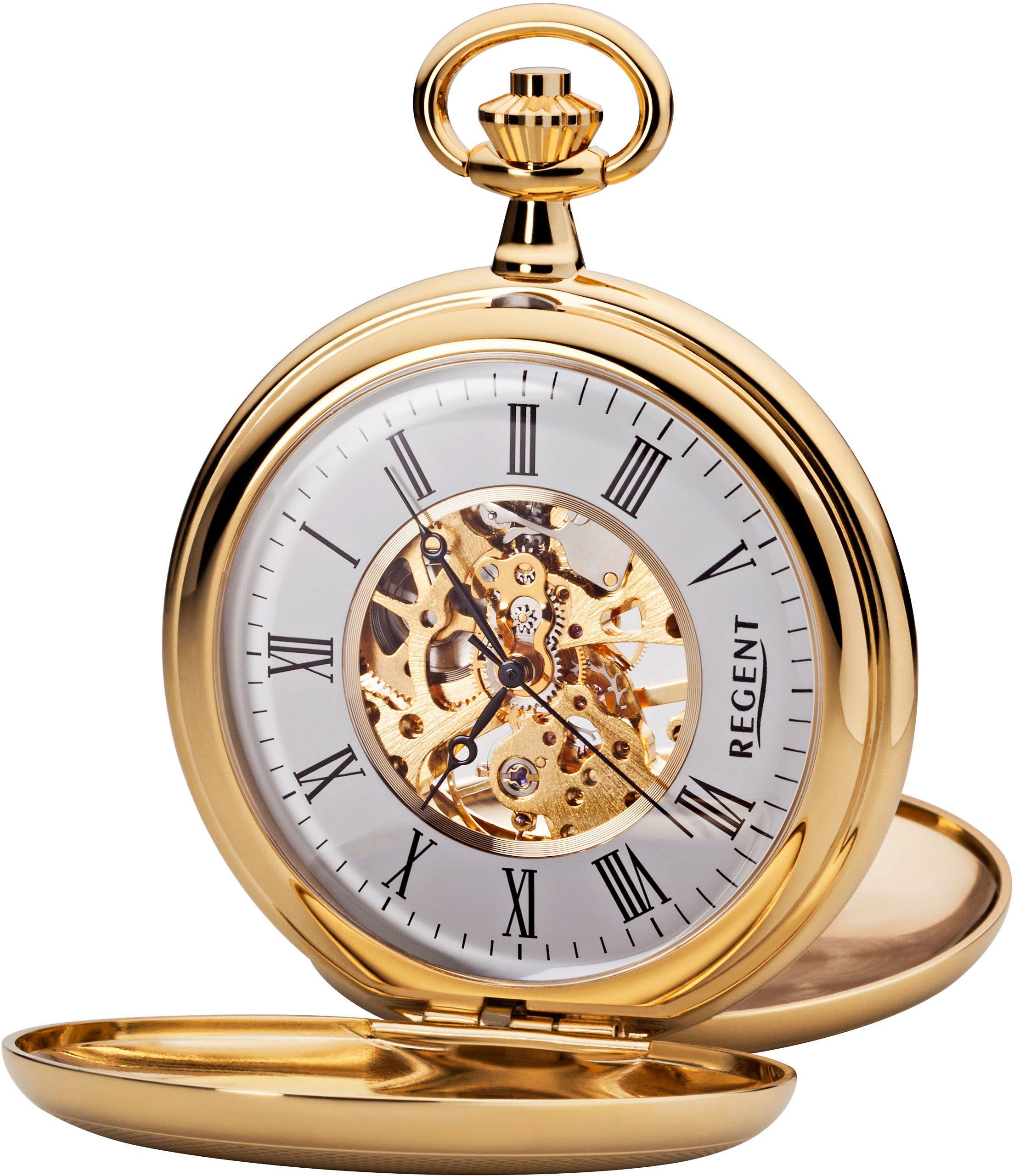 Regent Taschenuhr P701-19363040, (Set, 2-tlg., mit dazu passender Kette), Herrenuhr, Handaufzug, Acrylglas, skelettiertes Zifferblatt