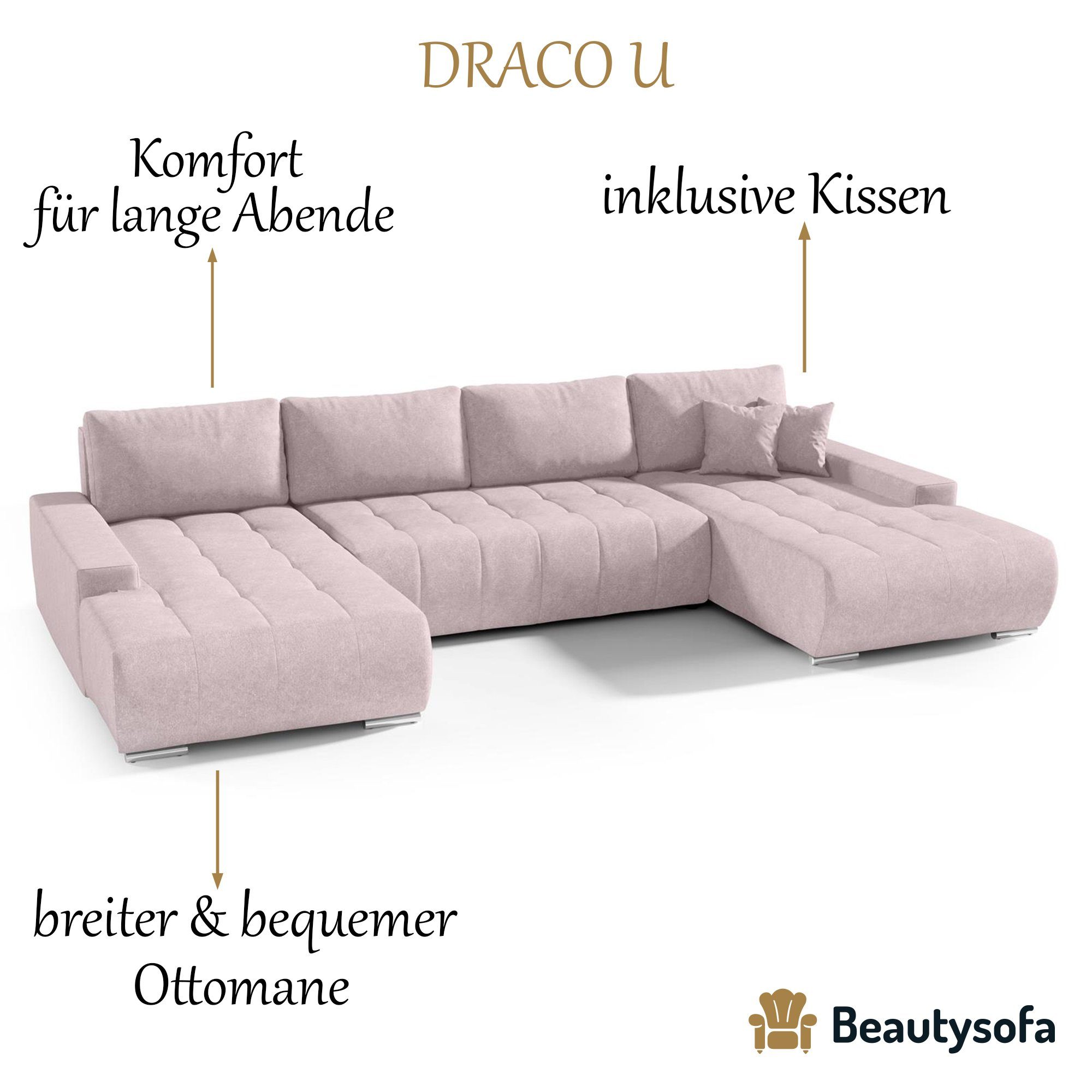 U Ecksofa Beautysofa U-förmig DRACO Wellenfedern 19) Bettkasten Ecksofa (aston Rosa Schlaffunktion