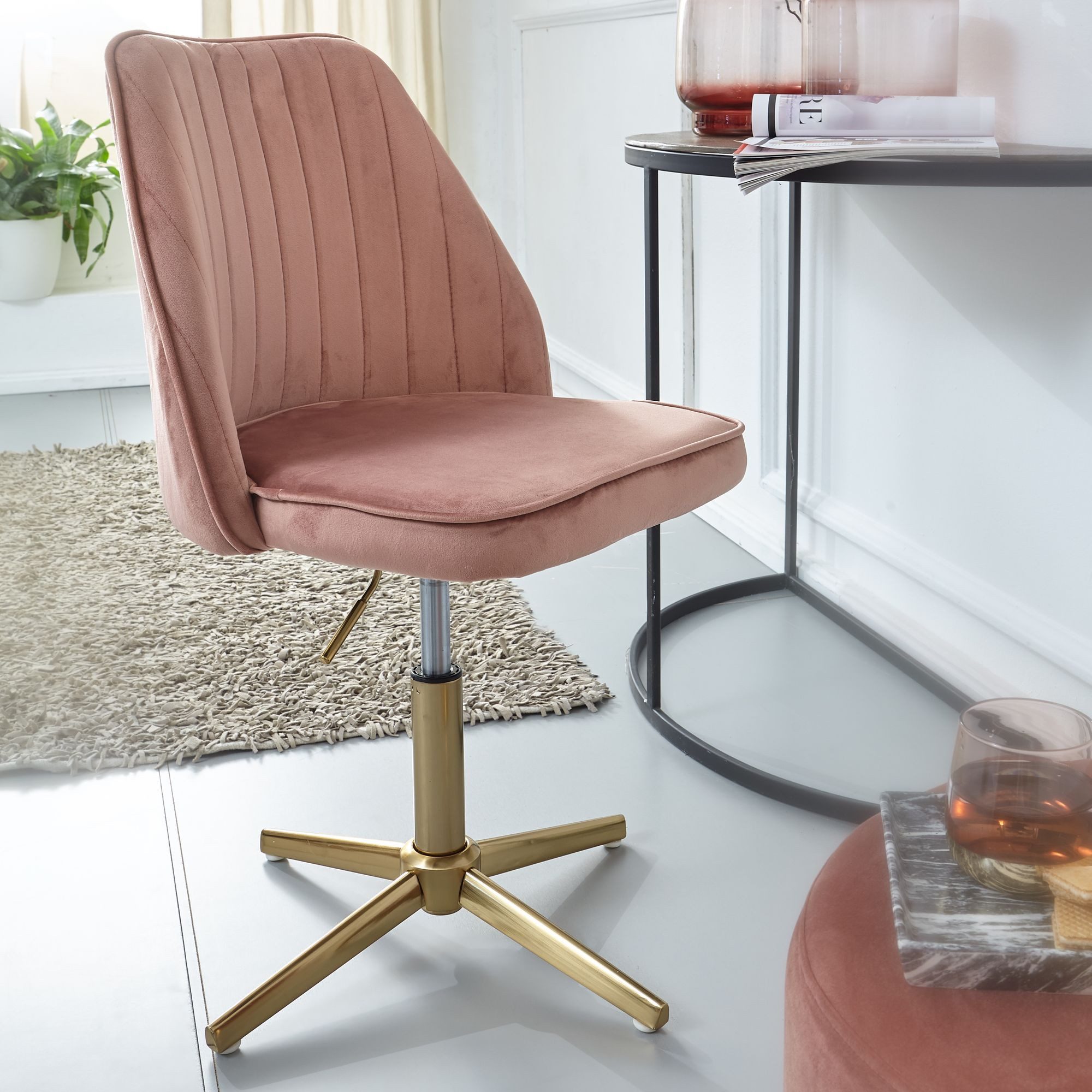 Wohnling Drehstuhl Rosa Samt Schreibtischstuhl Drehbar Schalenstuhl Home Office (Design Schalenstuhl Drehbar mit Lehne, Samt Rosa), Drehbar, Schreibtischstuhl 120 kg Höhenverstellbar