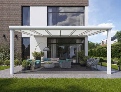 Durchdacht Terrassendach »Terrassenüberdachung Tiefe 350 cm aus Aluminium in Matt Weiß mit Opal Polycarbonat mit LED«