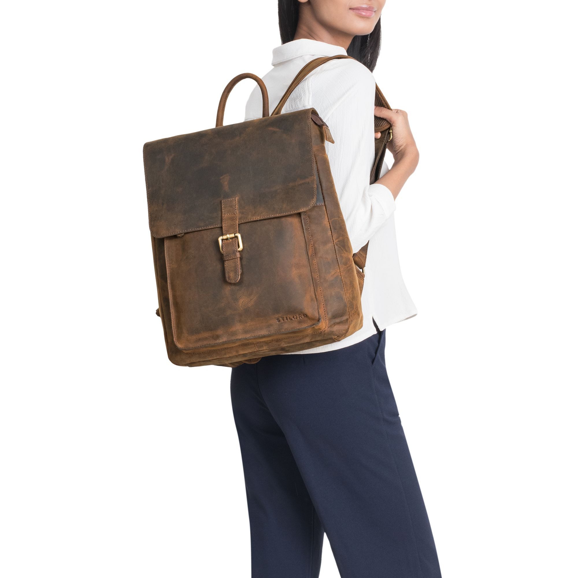STILORD Notebookrucksack "Debbie" Großer Vintage Lederrucksack Damen mit Laptopfach 15.6 Zoll