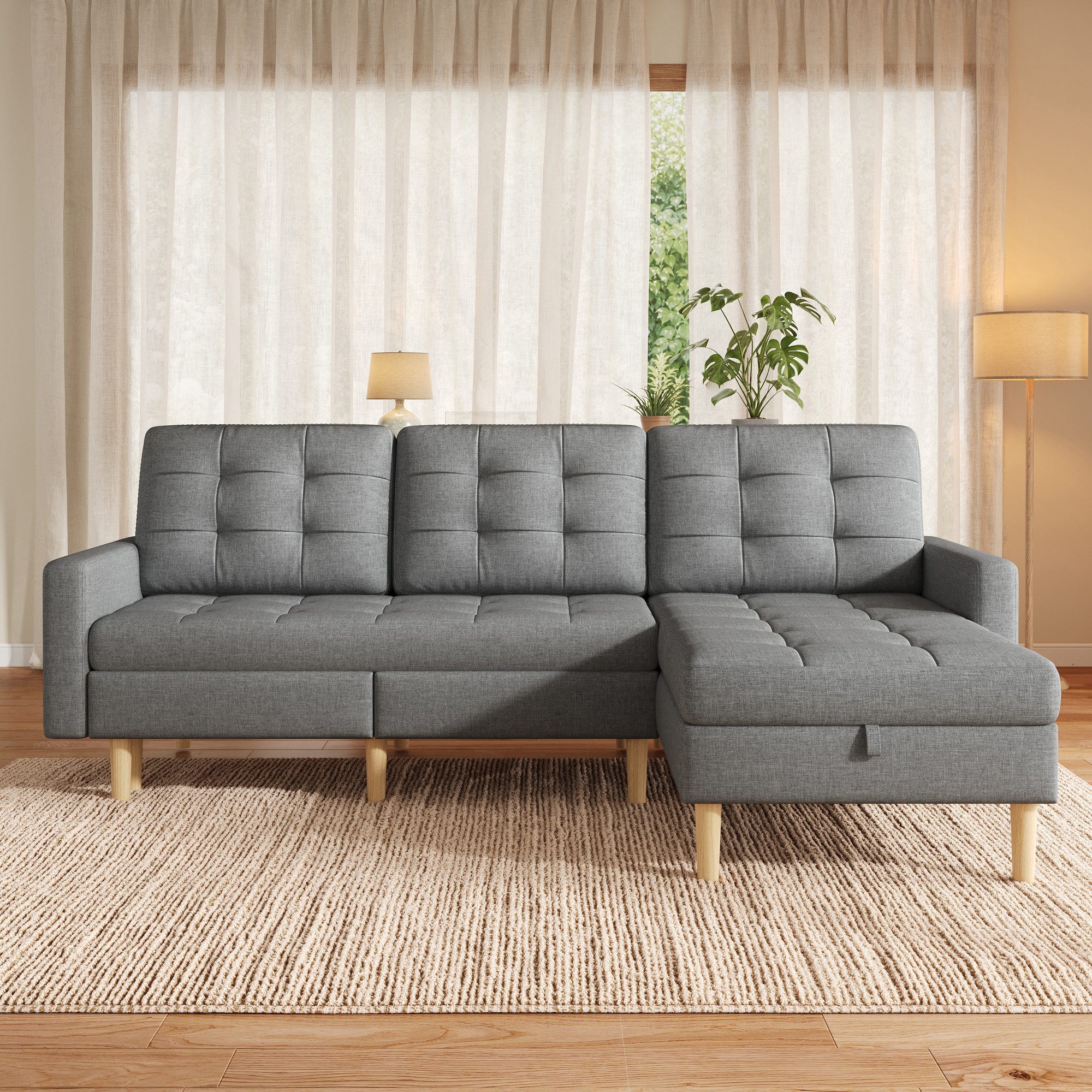 Merax Ecksofa mit Stauraum & Schlaffunktion, 212×130×86cm, 1 Teile, L-Form Sofa mit wechselbarer Chaiselongue, 3-Sitzer Sofa Couch