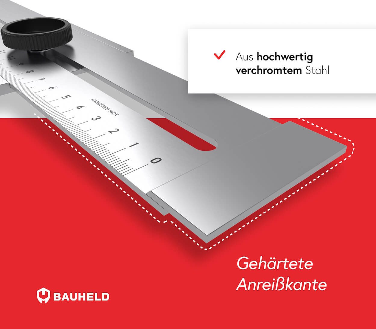 BAUHELD Anschlagwinkel Streichmaß Metall, (Anreißwinkel aus verchromtem Stahl, Rostfrei, Hitzebeständig), Tiefengelasterte mm-Teilung, Gehärtete Anreißkanten