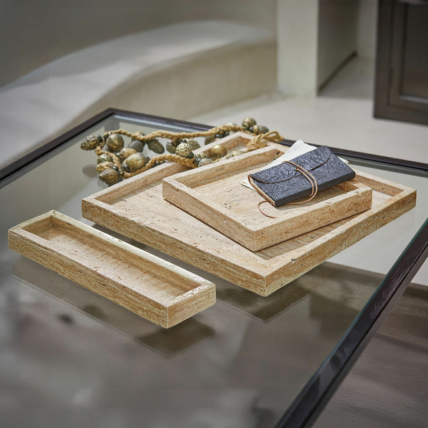Mirabeau Tablett Tablett 3er Set Tavone beige, Travertin