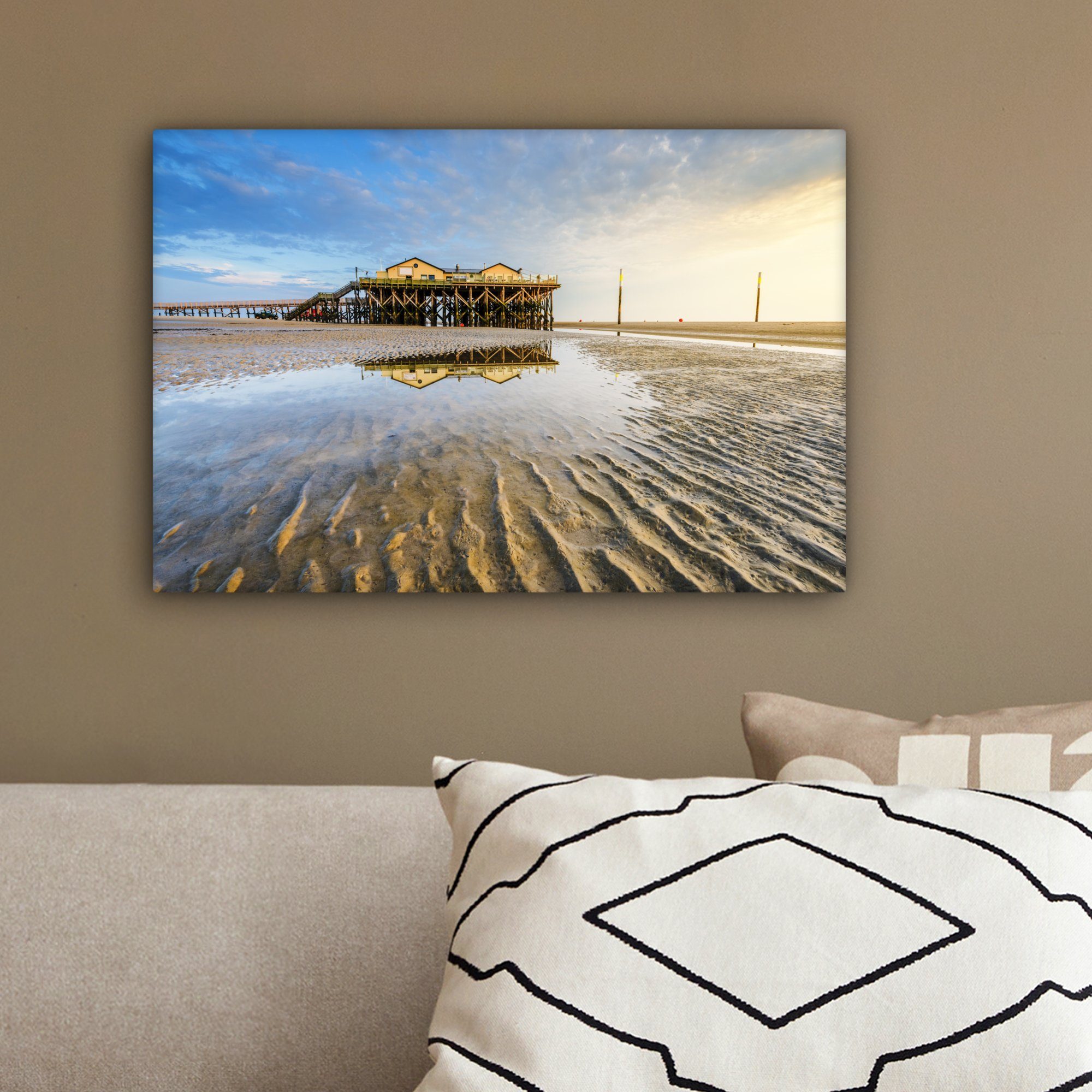 des cm St), Wandbild Wanddeko, Leinwandbild Aufhängefertig, Schleswig-Holsteinisches Wattenmeer, Nationalparks 30x20 OneMillionCanvasses® Strandpavillon (1 Leinwandbilder,