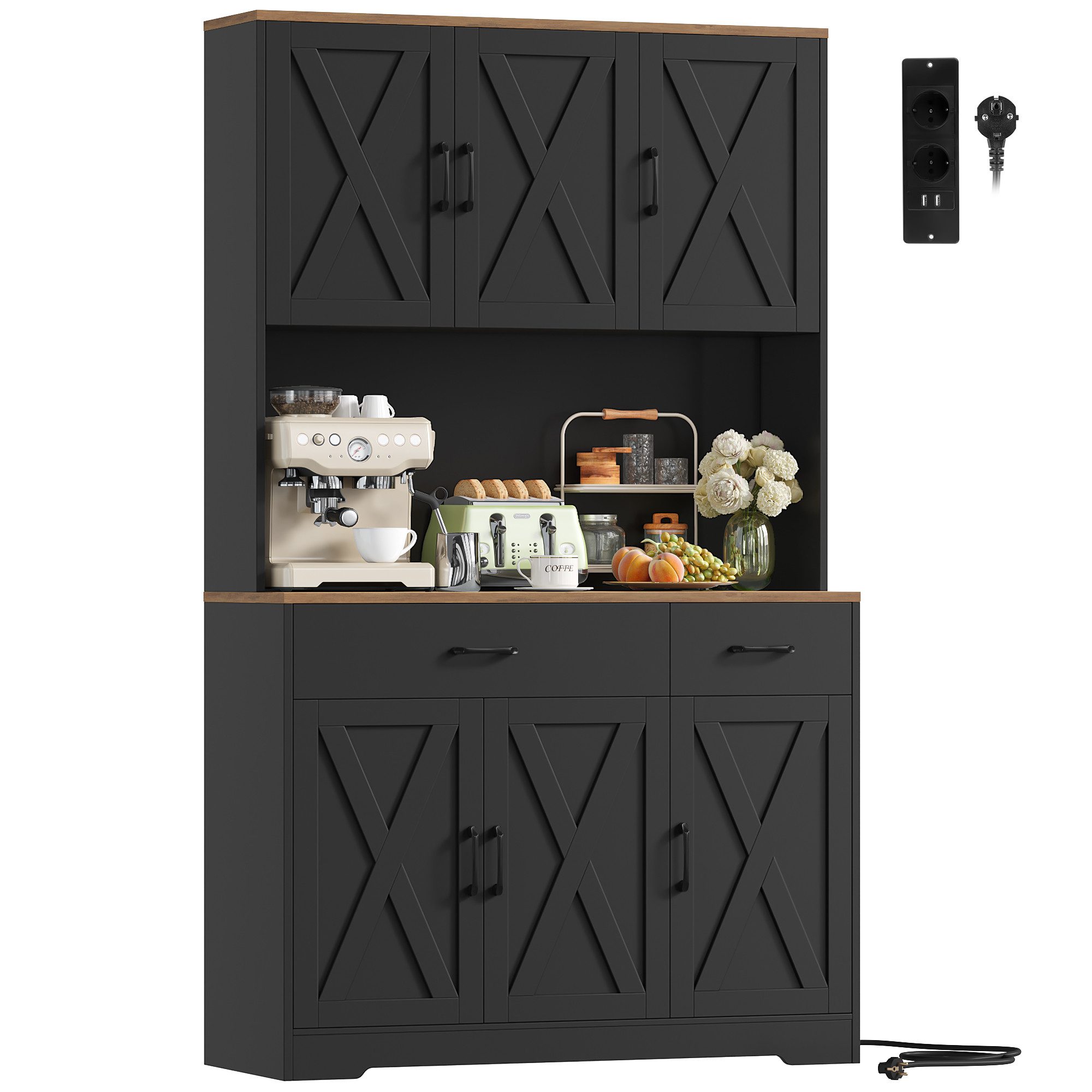 HOMECHO Küchenbuffet Weiß Küchenschrank mit Steckdosen, 6 Türen, 2 Schubladen, 180x105x38cm