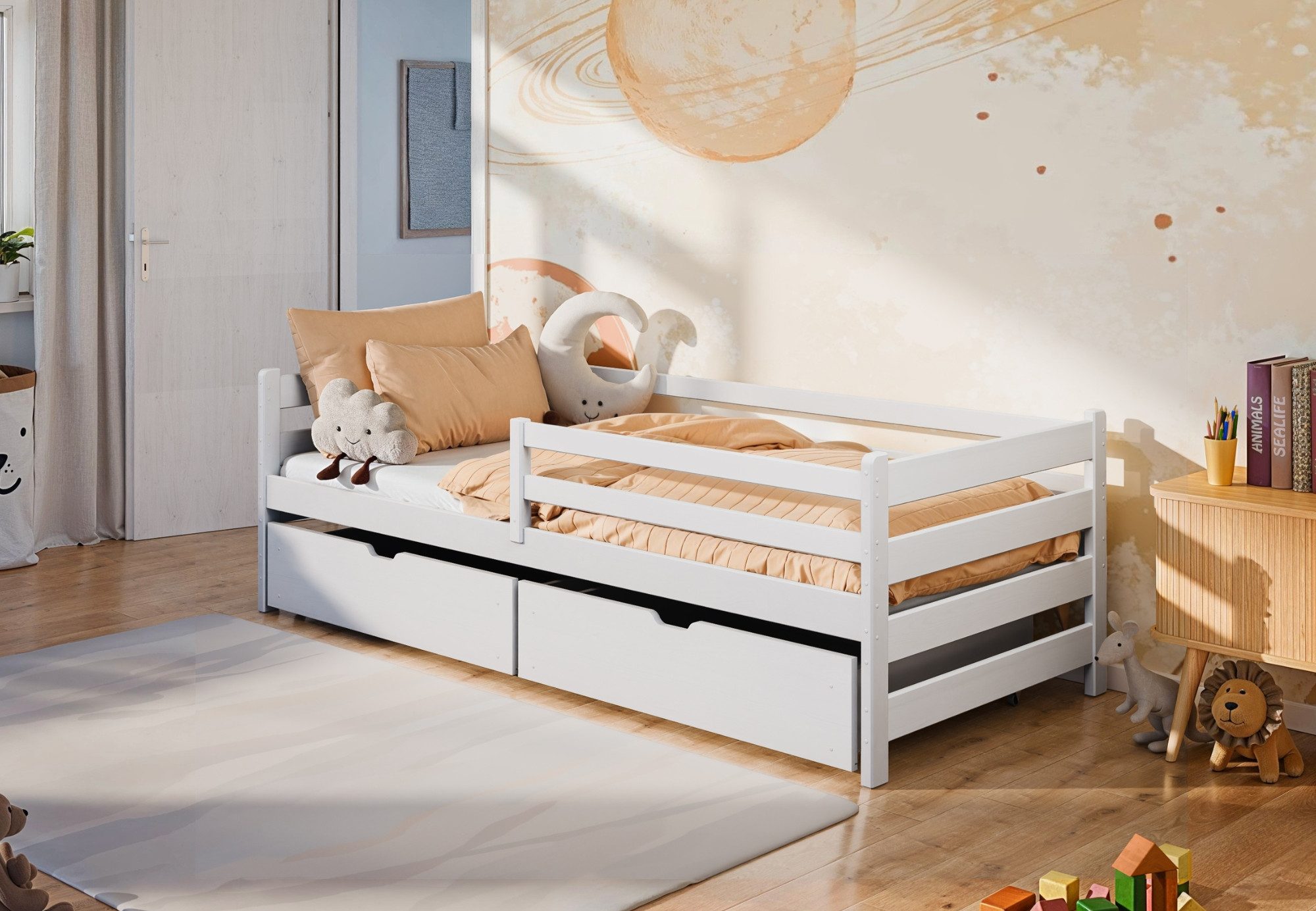 Kinderbett 90x200 cm mit zwei Schubladen, Rausfallschutz und Lattenrost