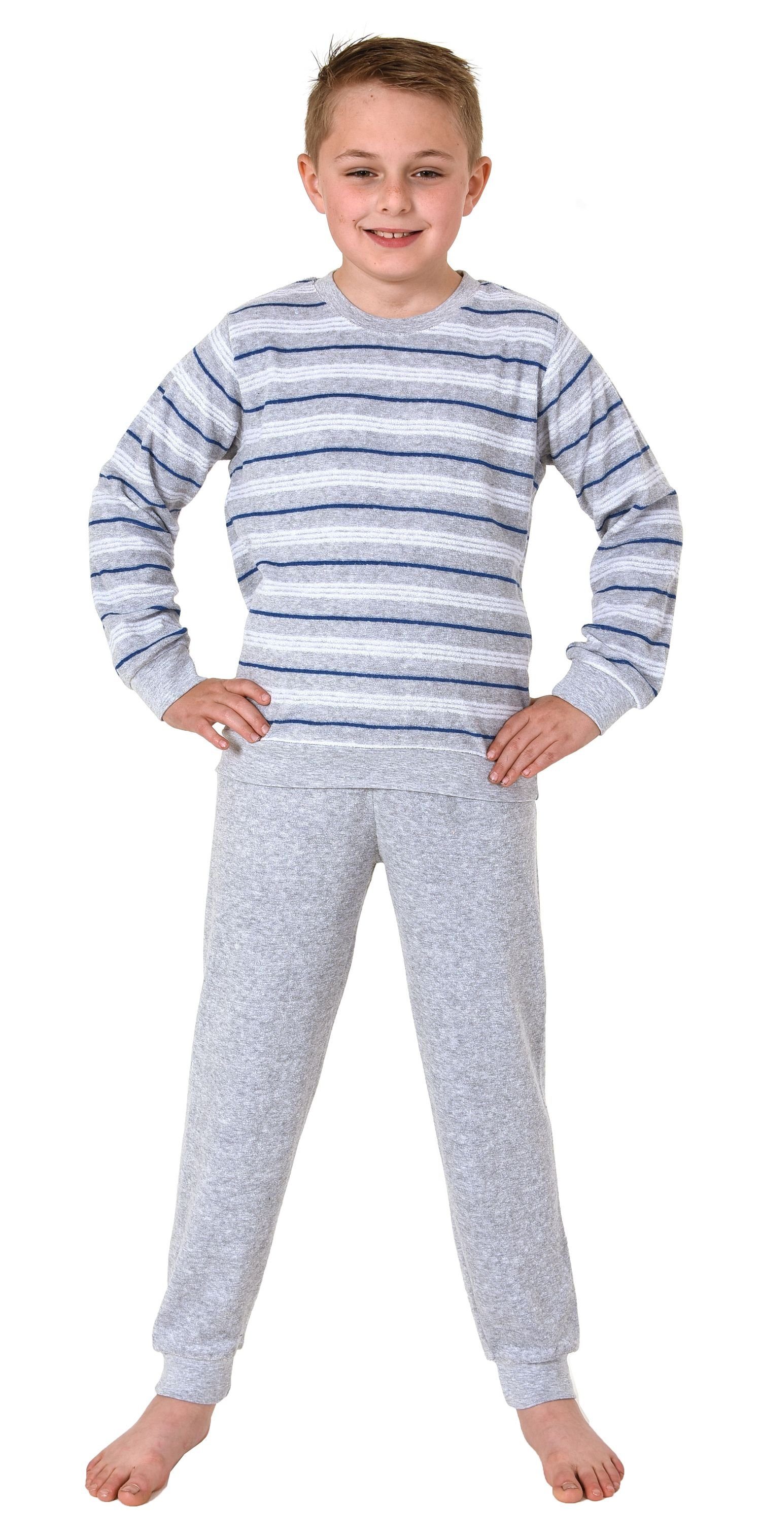 Normann Pyjama Jungen Frottee Schlafanzug langarm mit Bündchen in Streifenoptik grau