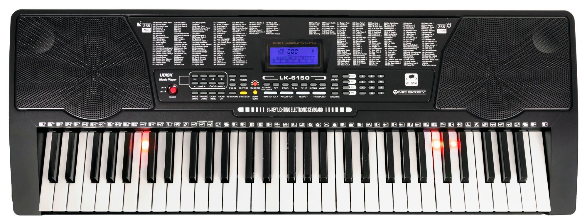 McGrey Home-Keyboard LK-6150 - Einsteiger-Keyboard mit 61 Leuchttasten (Spar-Set, 3-St., inkl. Ständer, Keyboardbank und Notenhalter), 255 Sounds und Rhythmen - integrierter MP3-Player & Lernfunktionen