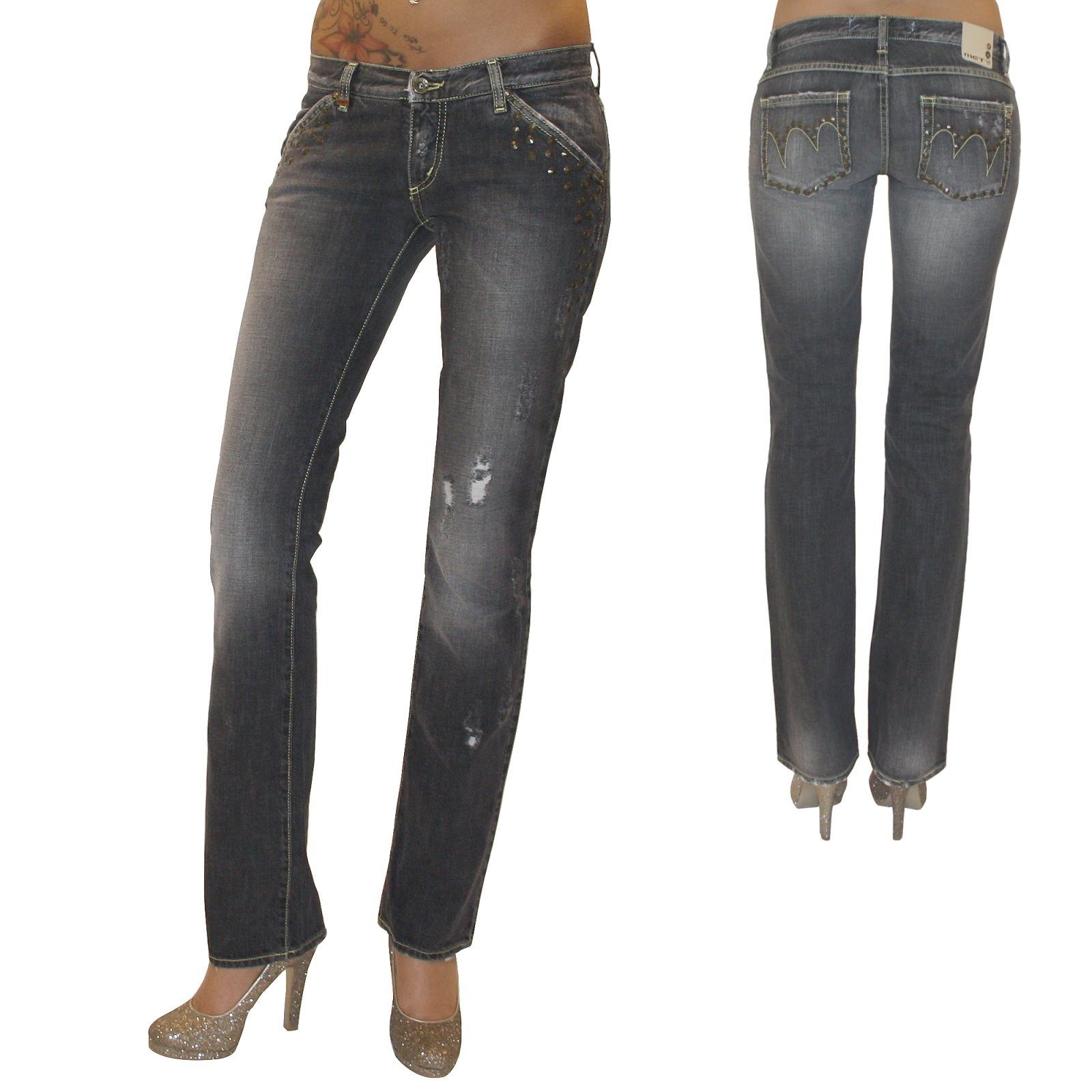 MET Jeans Gerade Jeans »New Body« Damen Destroyed Jeanshose Hose gerades  Bein grau Used Nieten