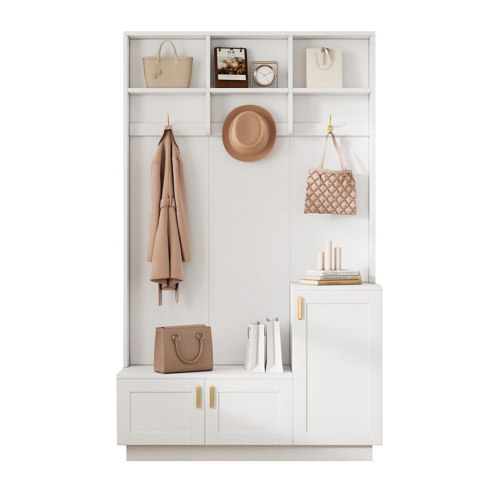 Yorbay Garderoben-Set Garderobenbank mit Schuhregal, (H200/B120/T40 cm, Weiß), multifunktionale Aufbewahrungsbank mit 3 Haken & offenem Stauraum
