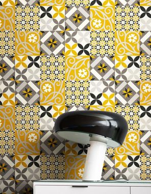 Newroom Vliestapete, Gelb Tapete Orientalisch Fliesen - Fliesentapete Fliesenoptik Weiß Schwarz Grafisch Modern Mosaik Kacheln für Wohnzimmer Schlafzimmer Küche